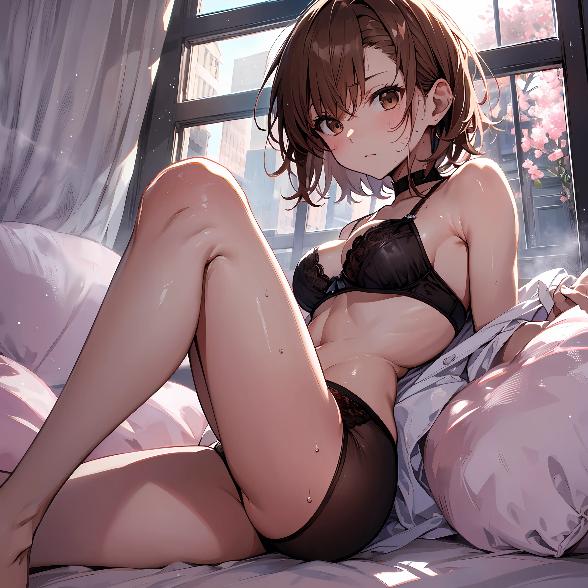 4kqulity, top-quality, Misaka_mikoto, Brown-eyed, Short_hair, Small_Breast,)on the beds Pink lingerie 16age sexypose Bewitching Mass sweat soaked body Miwaki beauty legs Beautiful abs Face to feel Love
