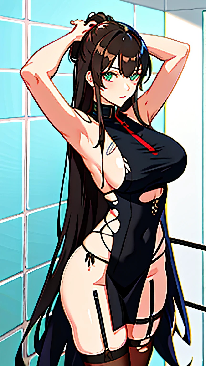 (best qualtiy,8K,32K,tmasterpiece,hyper HD:1.3),(Photo of Attractive Woman),1个Giant Breast Girl,(oversized boobs:1.8),perfect bodies,Anime girl standing in shower room wearing black dress, seductive anime girls, Brunette hair, Fine details. Girl front, wearing black clothes, from girls frontline, Clothing that exposes, under a shower, Perfect brunette girl, Black hair, beautiful and seductive anime woman,Bound_Arms, Rape, Mind_control, breast enhancement_Grab, (Large breasts), breasts out, Green eyes, saliva, Naughty_face,(Undressing),((torn laundry)),Broken socks,White suspender stockings