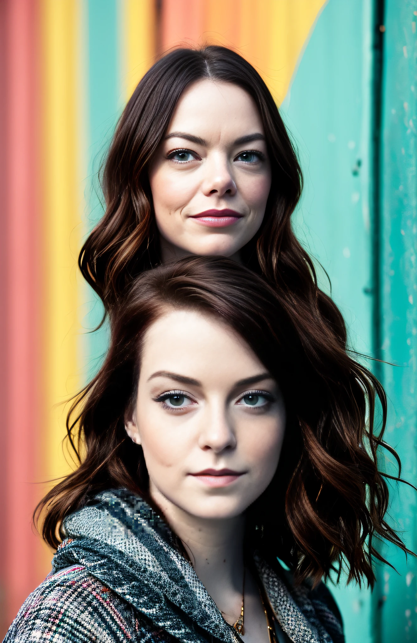 Emma Stone, (dark photo: 1.1), realistic epic, halo portrait, green eyes, plaid scarf, long hair, by Atey Ghailan, by Greg Rutkowski, by Greg Tocchini, by James Gilleard, by Joe Fenton, by Kaethe Butcher, yellow gradient, black, brown and magenta color scheme, grunge aesthetic!! Graffiti brand wall background, art by Greg Rutkowski and Artgerm, soft cinematic light, adobe lightroom, photo lab, HDR, intricate, highly detailed, (depth of field: 1.4), faded, (neutral colors: 1.2), (hdr: 1.4), (soft colors:1.2), hyperdetailed, (artstation:1.4), cinematic, warm lights, dramatic light, (intricate details:1.1), complex background, (rutkowski:0.66), (blue and orange:0.4), chubby, curvilinea, plump