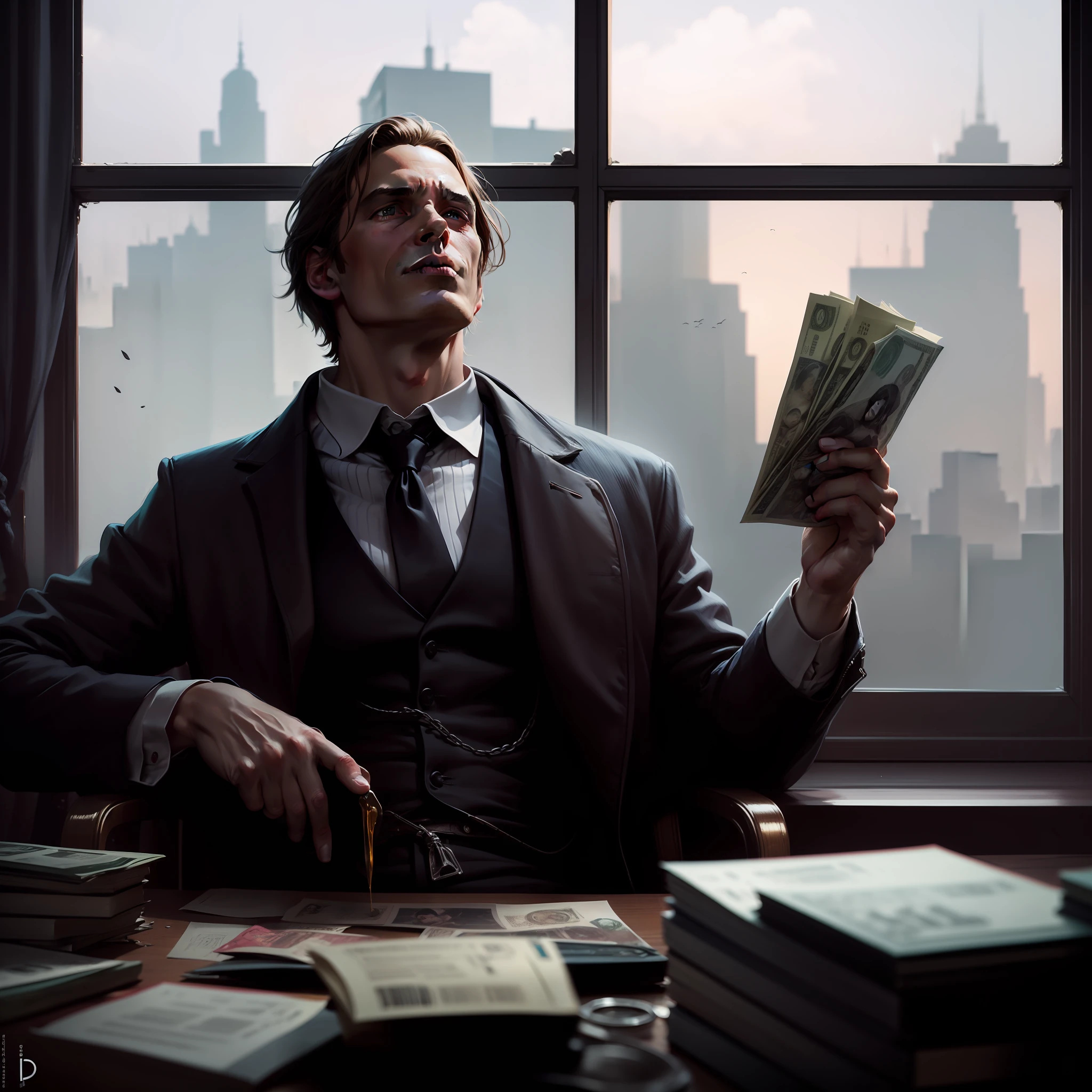 There's a man sitting at a table with piles of money, Directed by: Aleksander Gine, inspirado em Mead Schaeffer, Por Maxim Verehin, Dan Mumford Tom Bagshaw, Inspirado em Maxim Verehin, Directed by: Ryan Barger, Directed by: Daniel Ljunggren, Wojtek FUS, Directed by: Pablo Munoz Gomez, Martin Ansin, Retrato da obra, Directed by: Andrew Ferez