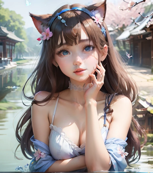 Illustration style, overhead view, dynamic angle, ultra-detailed, close-up shot of a girl with blue eyes, brown hair, and cat ears wearing a pink Miko outfit (1.4) and white stockings. She has bangs, an aura above or behind her head, and is looking at the viewer with a slight smile while showing her bare shoulders. The girl's hands are hidden behind her back while standing upright. She wears a cherry blossom hair accessory ([[0.55]::0.85]) and is surrounded by falling cherry blossoms, flowing water, a beautiful cherry blossom tree, and flying translucent blue butterflies (1.15). The scene is set near a shrine gate with ultra-detailed ruins in the background, an abysmal sea, and a dull blue world tree (1.14). The girl's delicate fingers and hands are emphasized with yubao (0.5). --auto