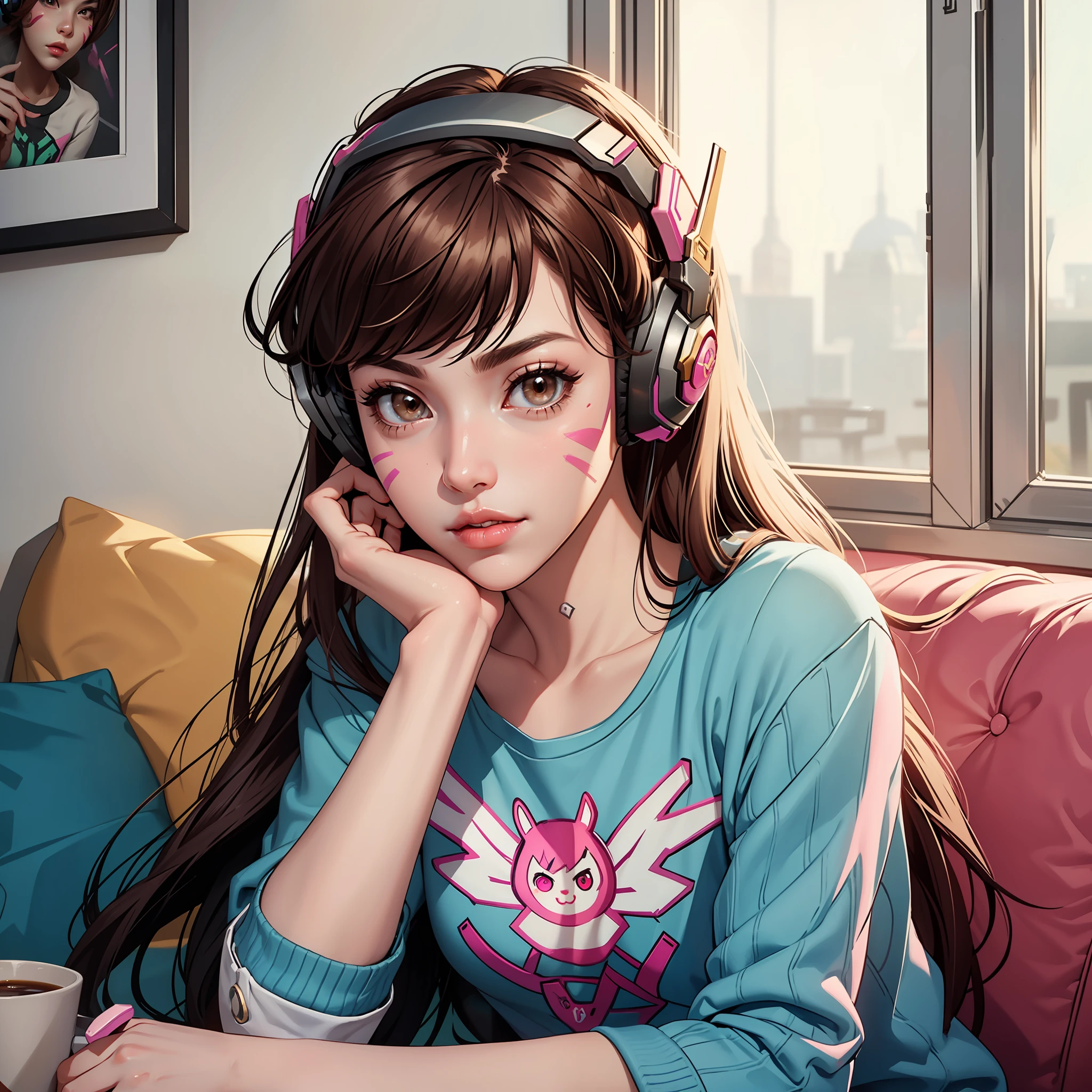 (masterpiece, high quality) Cute D.Va (from Overwatch) in a cafe , viewed from front, brown hair, wearing v t-shirt and short short, brown eyes and cute lips, kawaii and beautiful face, with a wide angle shot، headphones, pink_facial_mark, nice hands, perfect hands