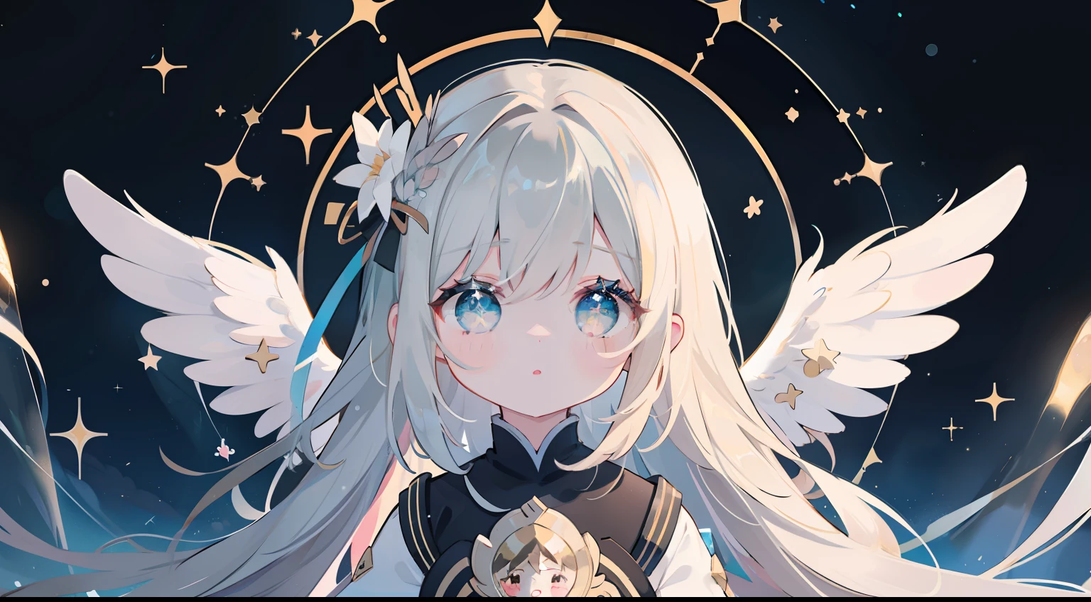 One girl、Composition seen from a distance、black backgrounds、God、cute little、masterpiece、Masterpiece、top-quality、Top image quality、Deities々Right、doress、wish、Aura of Light、Angel wings、Circle of Angels、ren、glitters、Glitter、closing eye