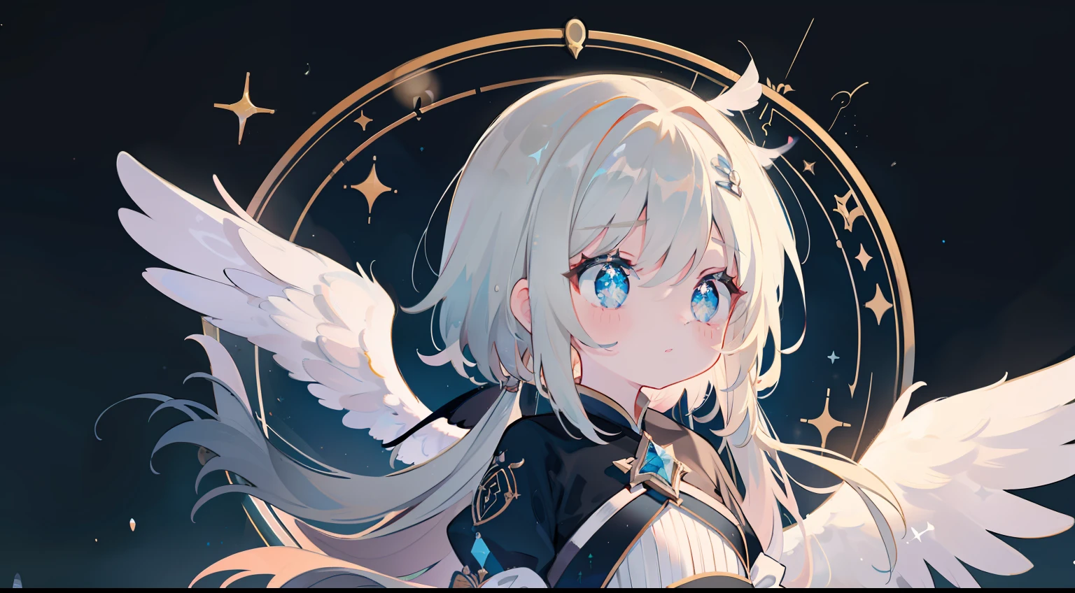 One girl、Composition seen from a distance、black backgrounds、God、cute little、masterpiece、Masterpiece、top-quality、Top image quality、Deities々Right、doress、wish、Aura of Light、Angel wings、Circle of Angels、ren、glitters、Glitter、closing eye