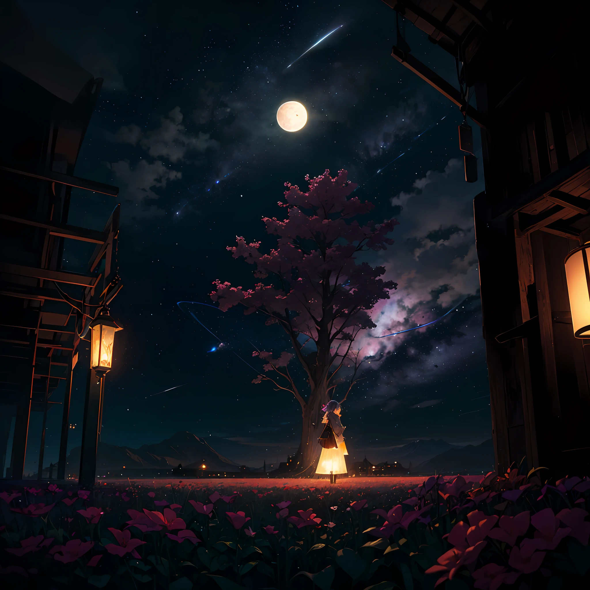 expansive landscape photograph , (a view from below that shows sky above and open field below), a girl standing on flower field looking up, (full moon:1.2), ( shooting stars:0.9), (nebula:1.3), distant mountain, tree BREAK
production art, (warm light source:1.2), (Firefly:1.2), lamp, lot of purple and orange, intricate details, volumetric lighting BREAK
(masterpiece:1.2), (best quality), 4k, ultra-detailed, (dynamic composition:1.4), highly detailed, colorful details,( iridescent colors:1.2), (glowing lighting, atmospheric lighting), dreamy, magical, (solo:1.2) --auto