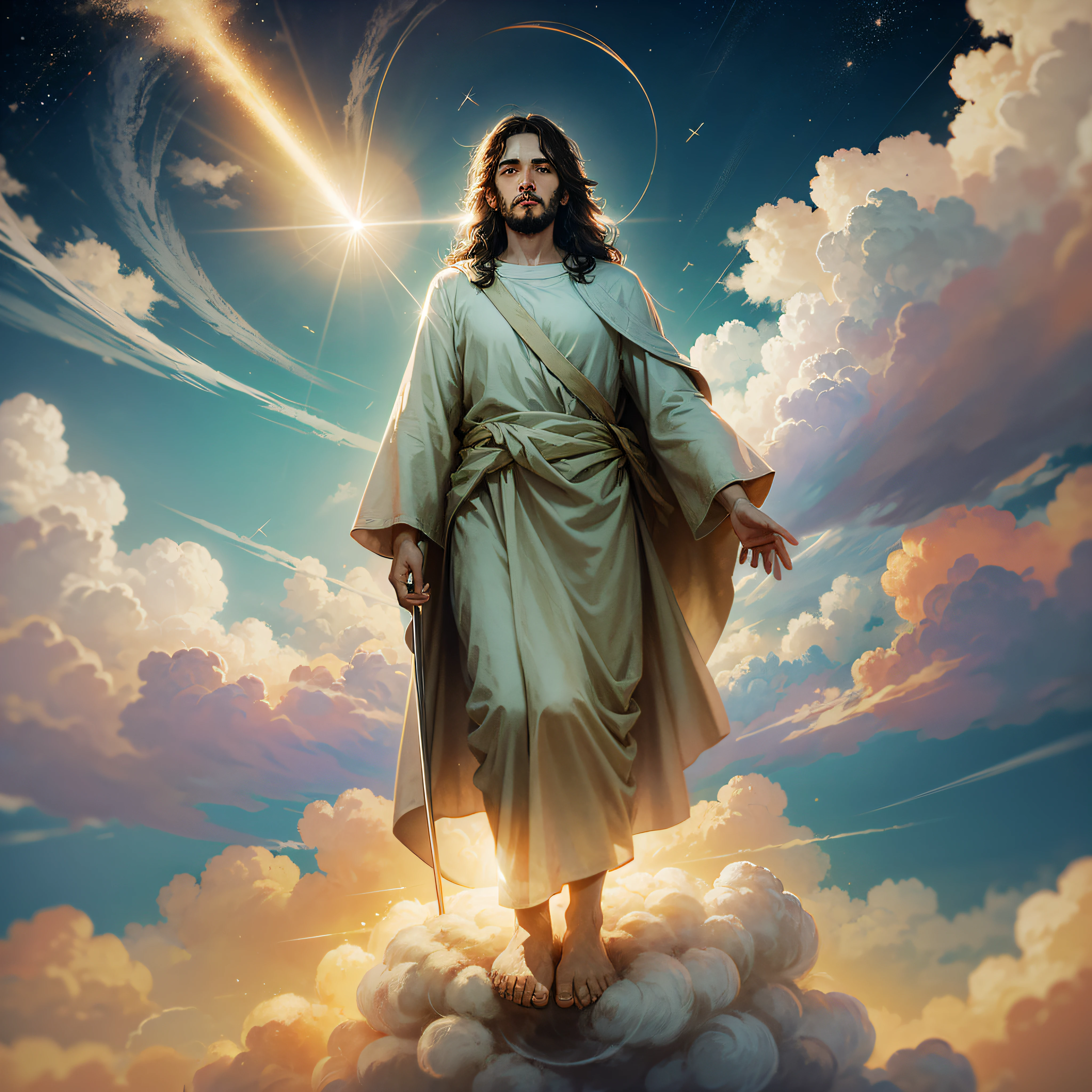 Jesus floating in the air on top of clouds with a light shining brightly on his face --auto --s2