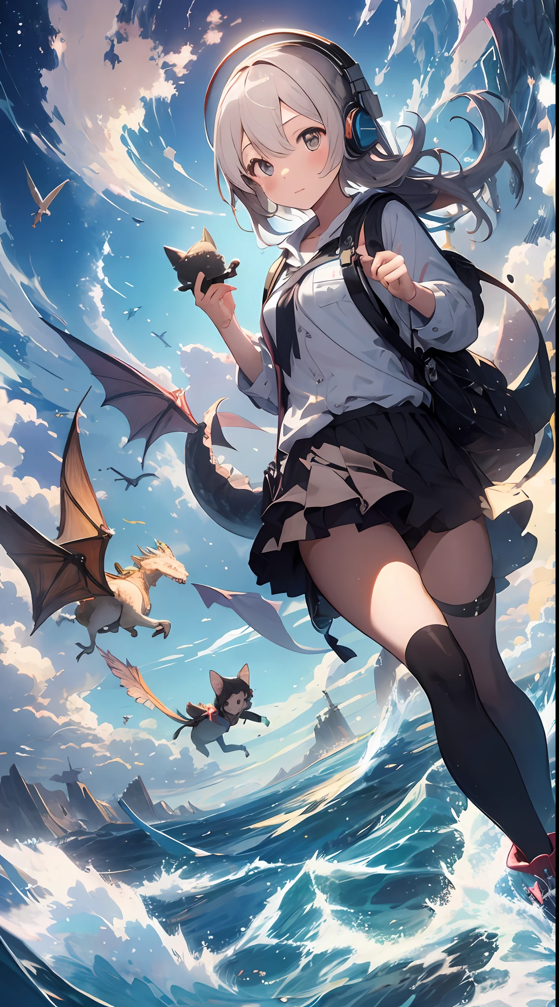 She created an amazing image of a girl who dreams of flying in the sky with her pet dragon. The images have a colorful and whimsical atmosphere, And the girl and the dragon look very happy and free. The image has、There are also details that indicate the character and hobbies of the girl, Her headphones and more, Her backpack, and her sketchbook. The image impressed the judges and readers with its originality and creativity.