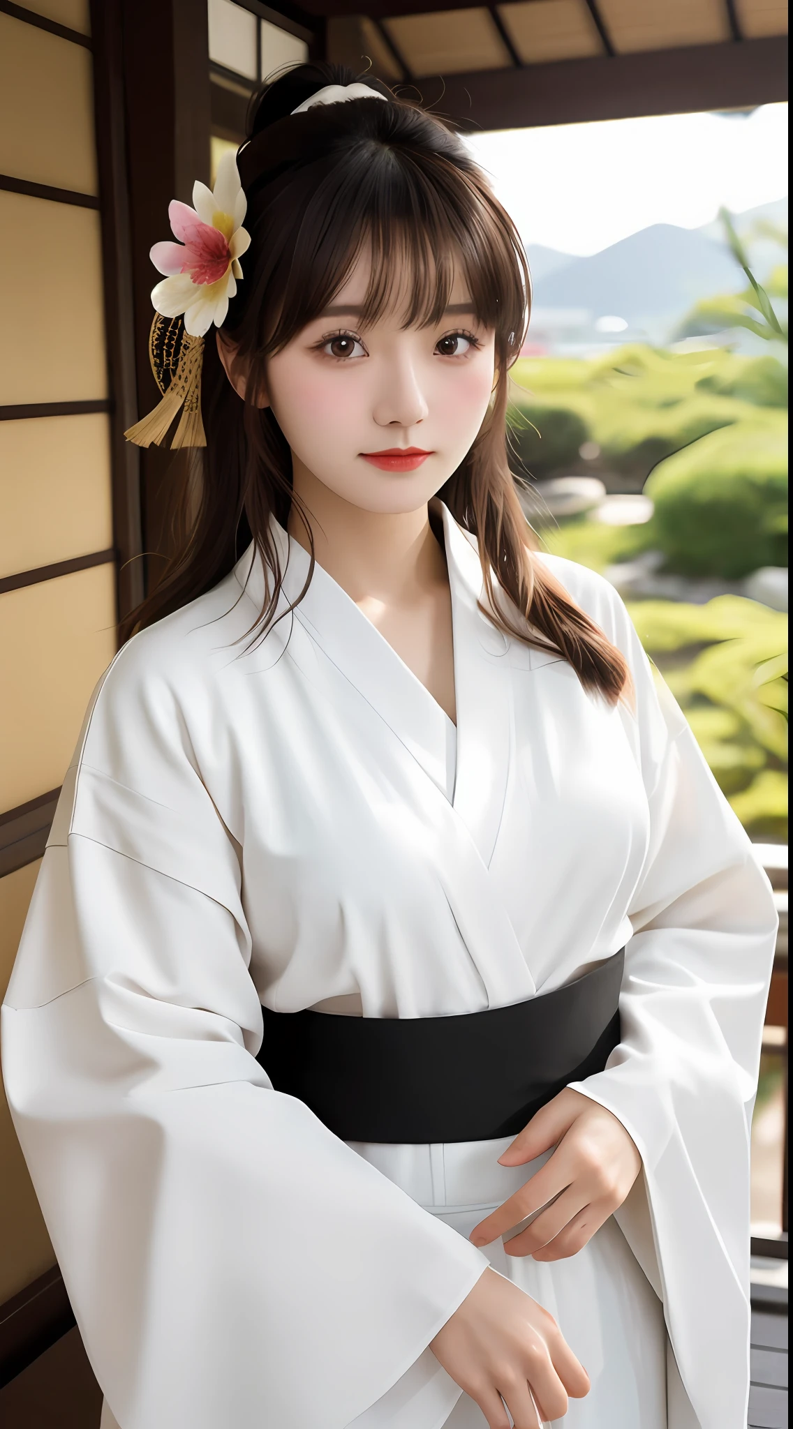 1girll， 独奏， exteriors， Cute Japanese girl，  hair adornments， looking at viewert， hair flower， with brown eye， By bangs， tmasterpiece， Best quality at best， Realistis，Moist body：1.5，full bodyesbian，Kimono with white