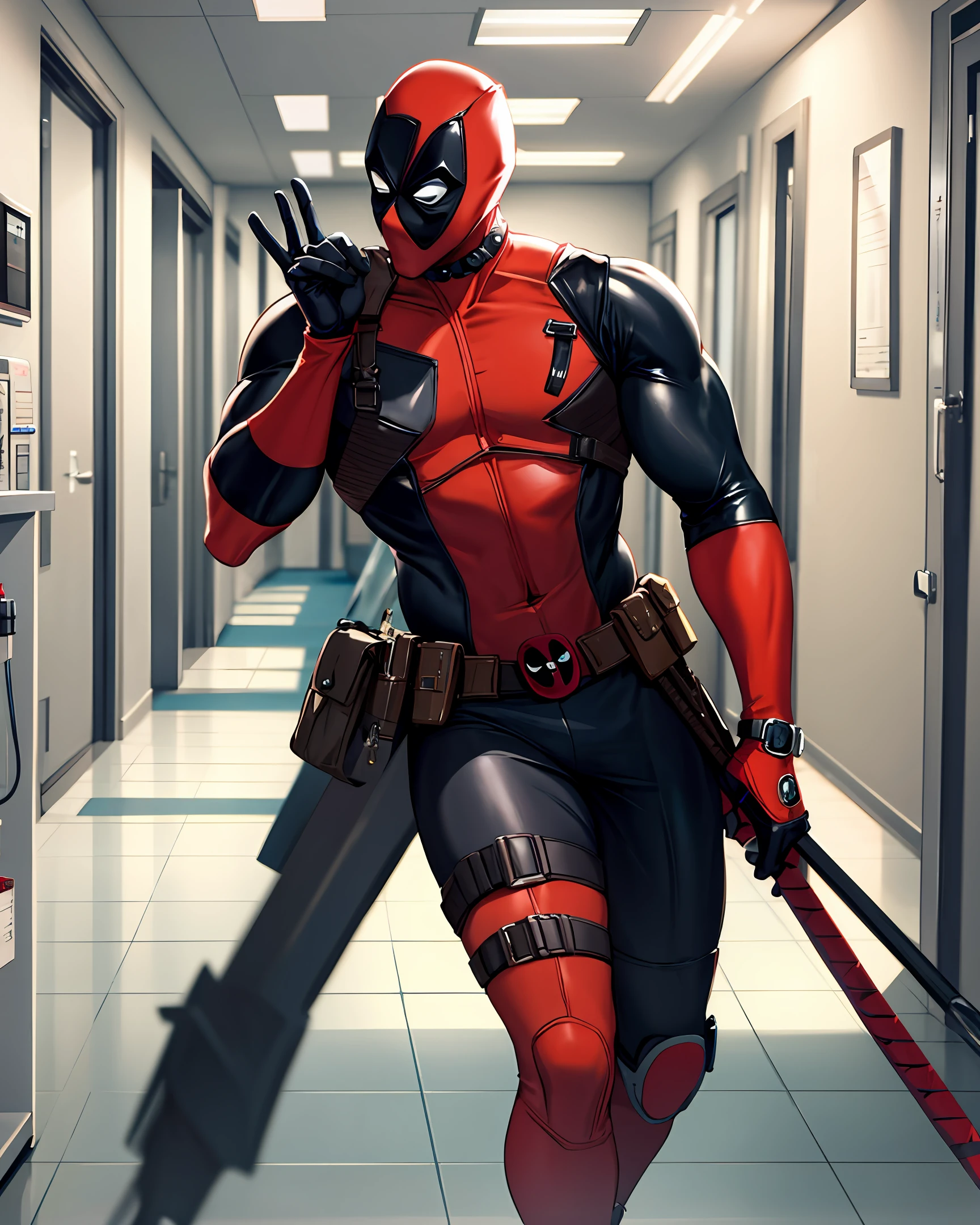 A modern and busy hospital.
Description: In this scene, Deadpool takes on the role of a doctor in a busy, modern hospital. Dressed in a version of his red and black suit tailored for medical duty, he enters a hospital ward with busy corridors and bustling emergency rooms. As he walks the halls, Deadpool greets patients and staff with a relaxed, good-natured tone, bringing a light, playful touch even to a serious environment.