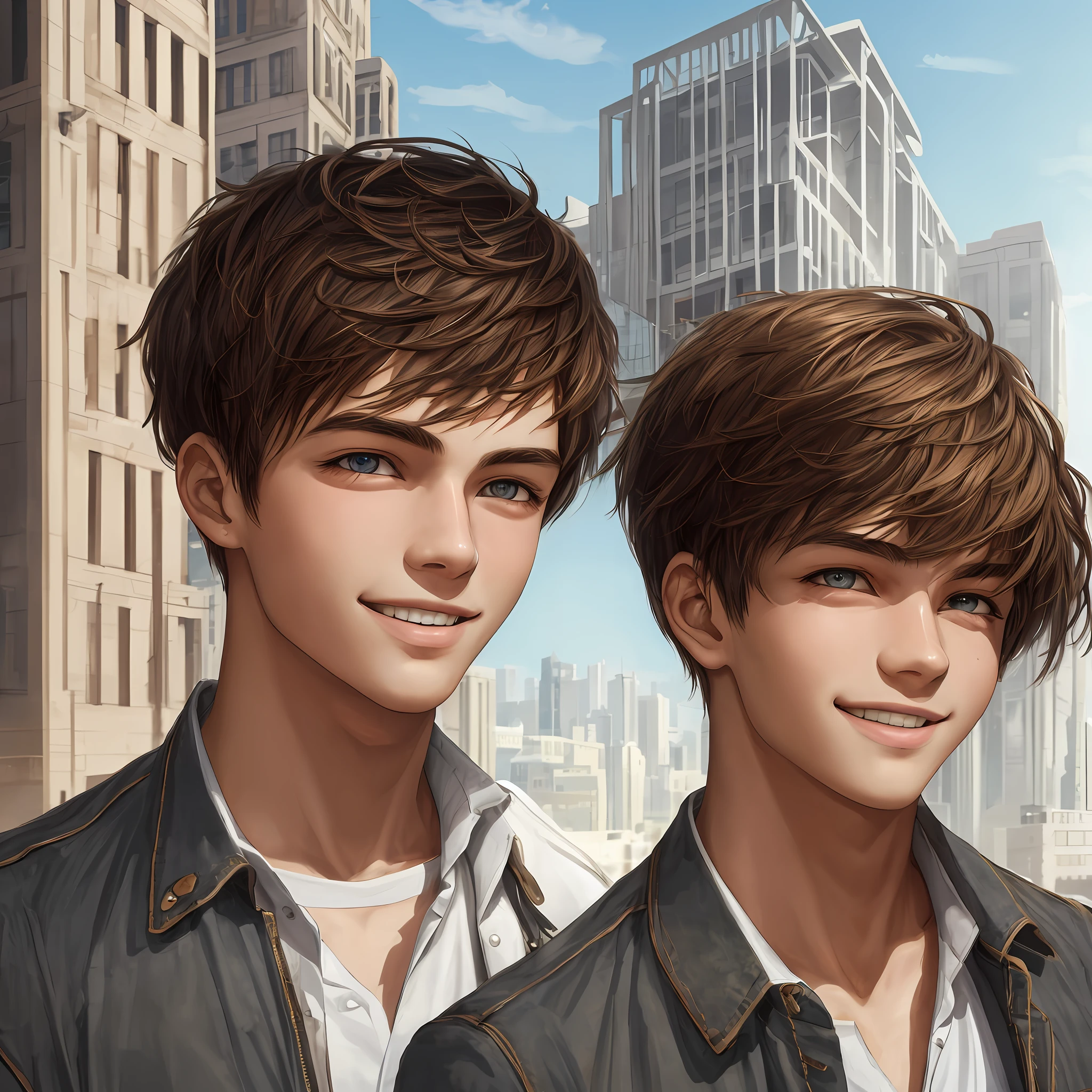 （best qualtiy，A high resolution，tmasterpiece：1.3），A tall high school boy，cheerful mood，（Modern architecture in background），Beautifully rendered details in face and skin textures，Detailed eyes --auto