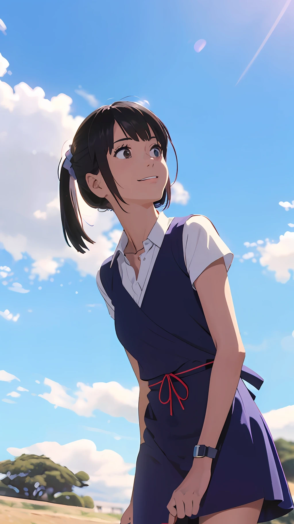 (obra-prima, melhor qualidade), tiro de cowboy, solo, 1girl, hinata hyuga, no fun, feliz, olhando para o espectador, arms making L, vestido roxo, blue skies, nuvens --auto
