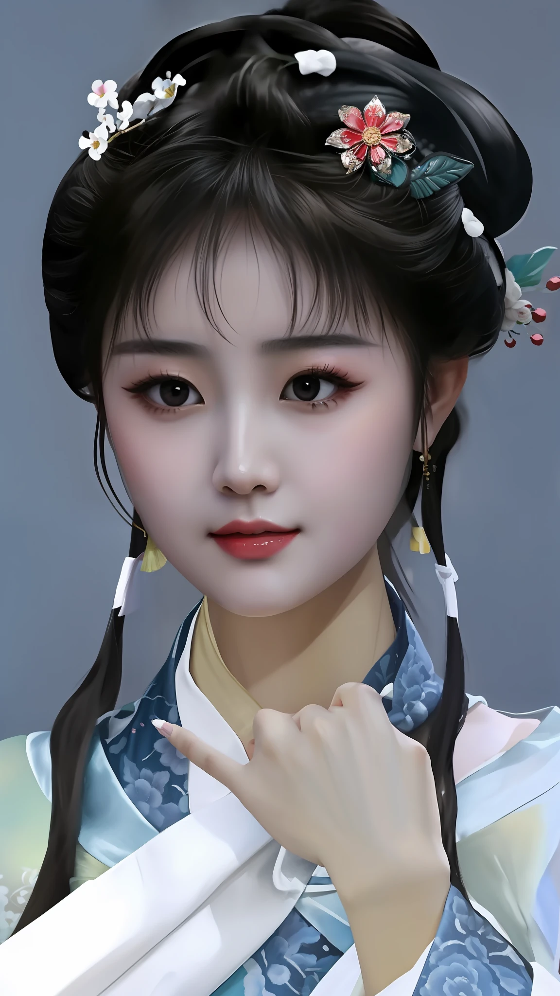 There was a woman wearing a floral headband and a blue dress, Beautiful character painting, Chinese girl, detailed face of a asian girl, Traditional beauty, ancient chinese beauti, Guviz-style artwork, Realistic. Cheng Yi, Chinese woman, Beautiful digital artwork, Palace ， A girl in Hanfu, Guviz, Realistic cute girl painting