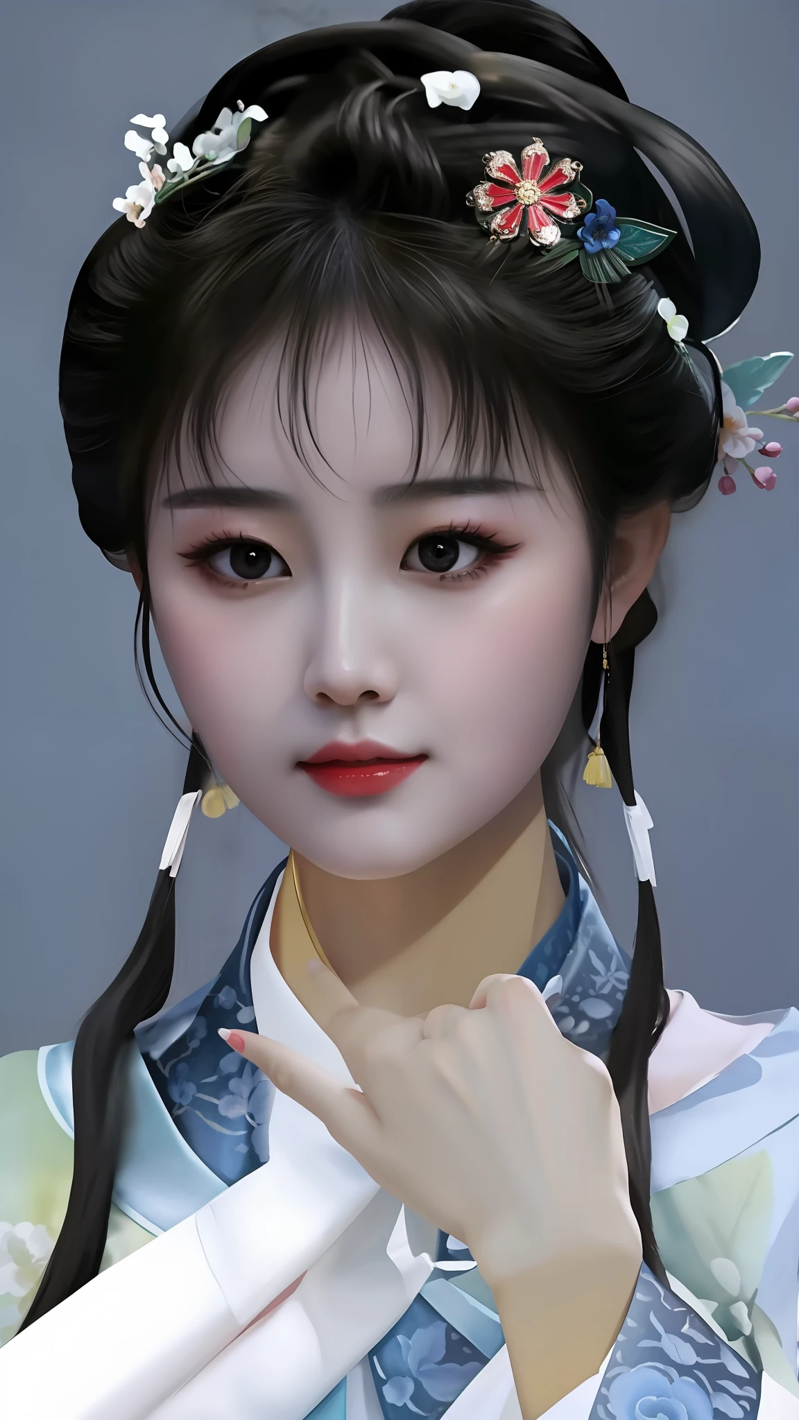 There was a woman wearing a floral headband and a blue dress, Beautiful character painting, Chinese girl, detailed face of a asian girl, Traditional beauty, ancient chinese beauti, Guviz-style artwork, Realistic. Cheng Yi, Chinese woman, Beautiful digital artwork, Palace , A girl in Hanfu, Guviz, Realistic cute girl painting
