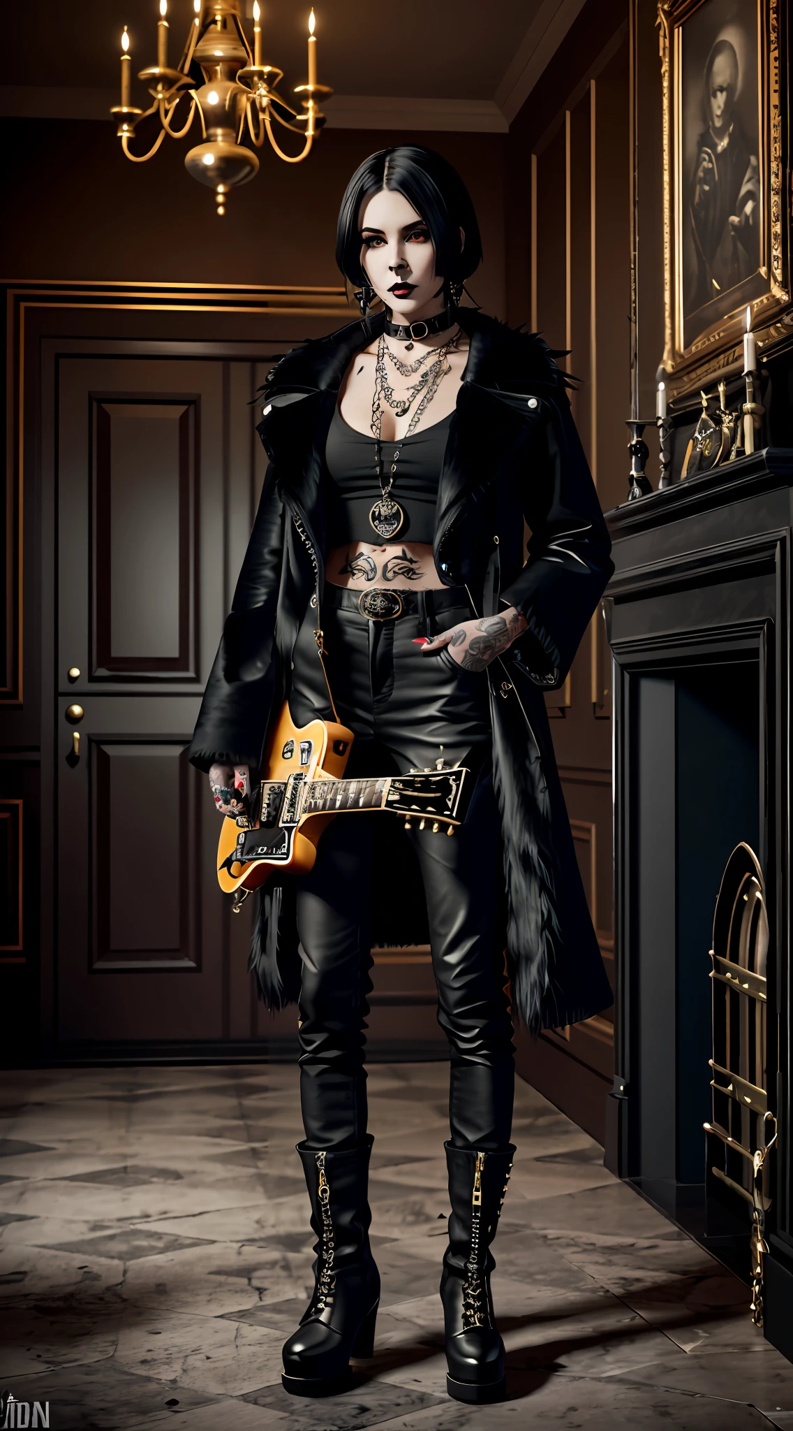 Photorealistic, real, final render, realistic, pale girl with gibson les paul guitar in her hands, piercings, tattoos, baggy black trousers, eyeliner, black lipstick, straps, black furry coat, necklace, bracelets with spikes, collar, big boots with buckles and spikes, in a haunted mansion, horror, dark and dim
