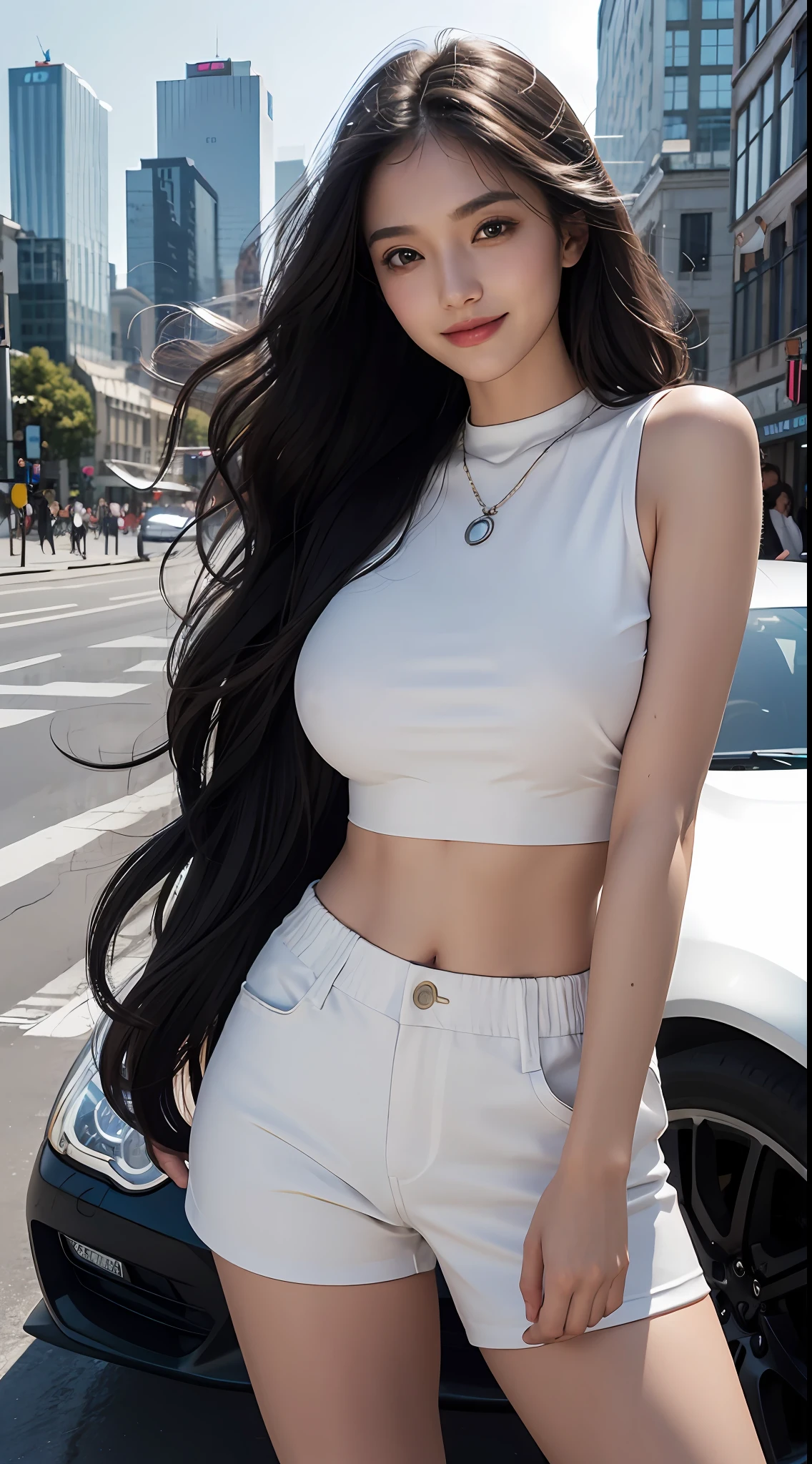 perfect face, perfect eyes, 1 woman, standing, perfect body, white crop top, black shorts, extra bust, long wavy hair, perfect hair, (smile:0.9), ((city background)), people and vehicle detail, (((light reflection on skin))), ((light details)), more details, right hand to chin pose