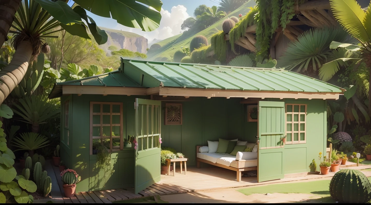 ((flores cactos floresta inclinada cabana madeira) simplicidade)cabana --auto