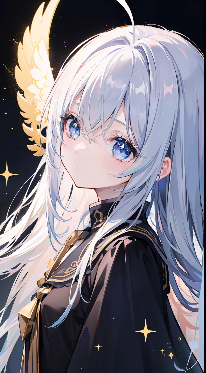 One girl、Composition seen from a distance、black backgrounds、God、cute little、masterpiece、Masterpiece、top-quality、Top image quality、Deities々Right、doress、wish、Aura of Light、Angel wings、Circle of Angels、ren、glitters、Glitter、closing eye
