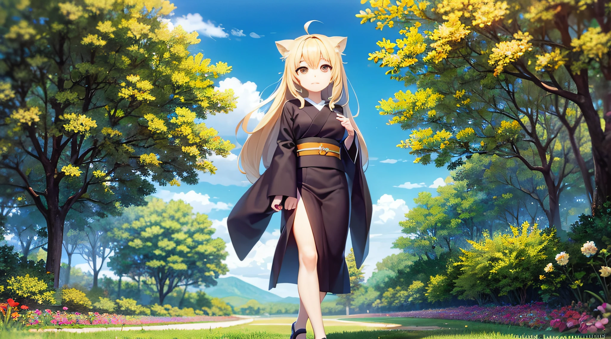 Yuzu, 1girl, solamente, kimono rojo, Obra maestra, La mejor calidad, al aire libre, Cerezo, flores de Cerezo