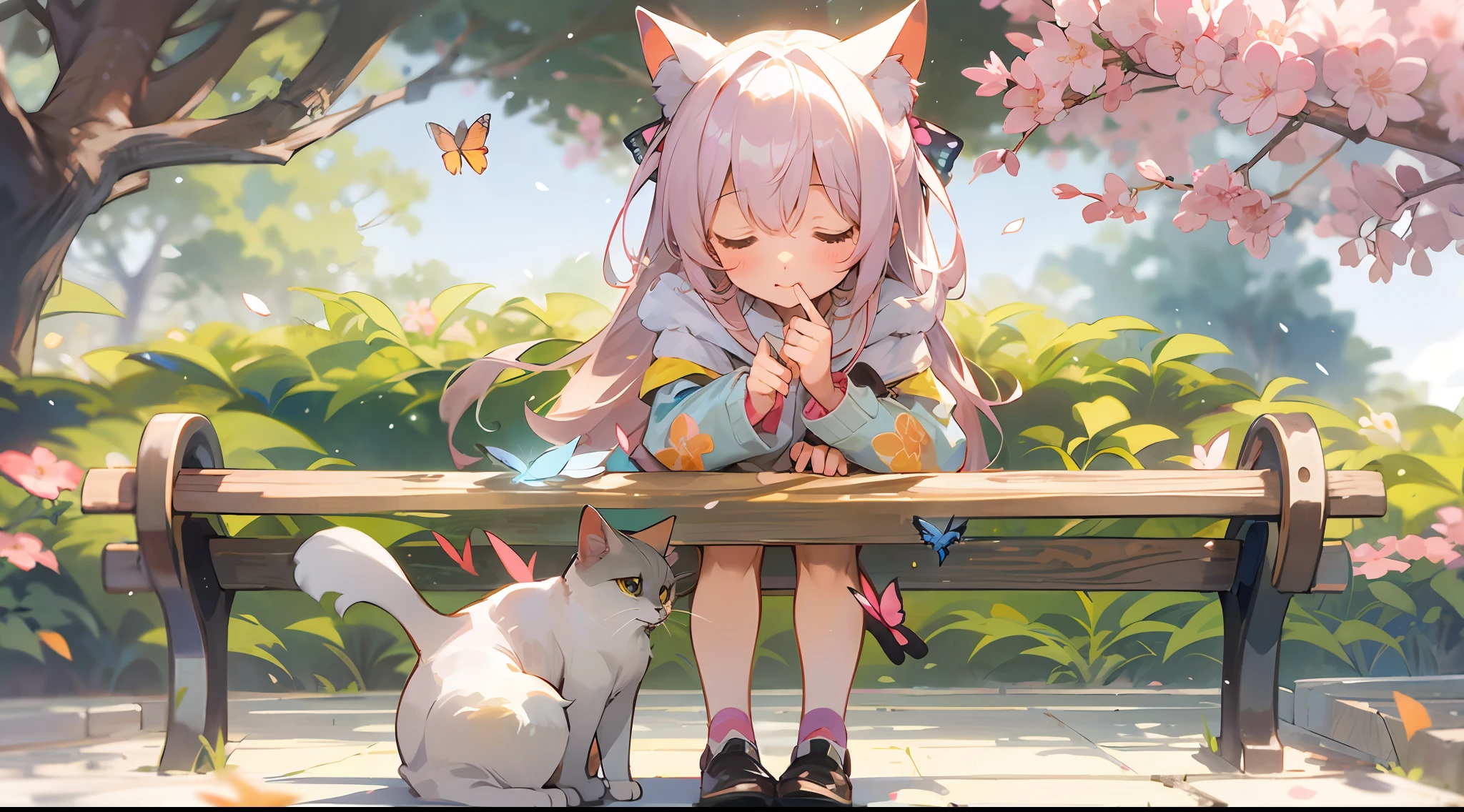 Girl sitting on a bench with cat and butterfly、Close your right eye、season!!: 🌸 ☀ 🍂 ❄
