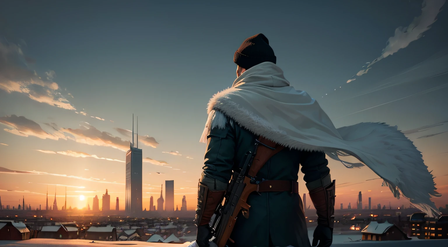 Frozen city,The wind is cold,The back of a man holding a rifle - --auto