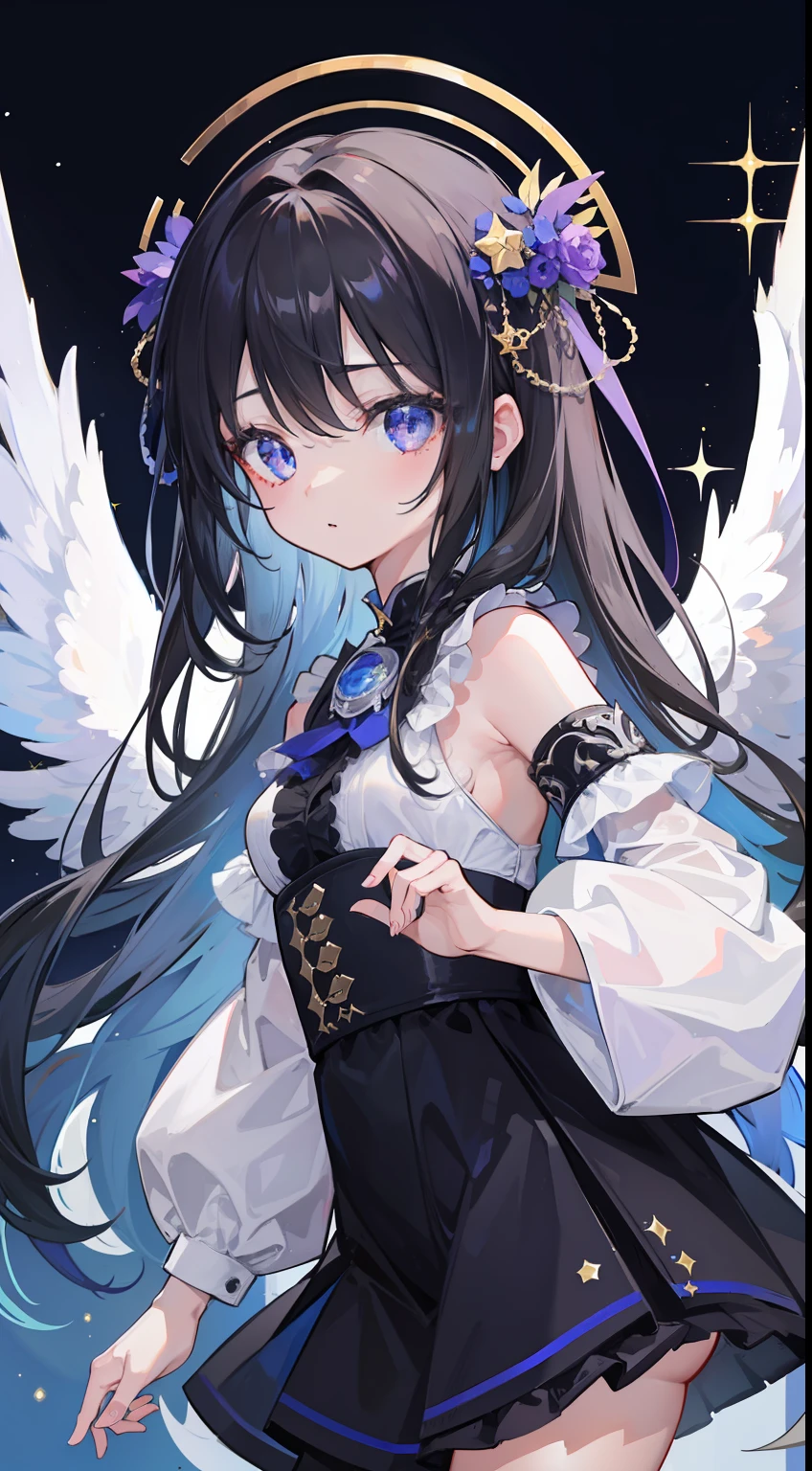 One girl、Composition seen from a distance、black backgrounds、God、cute little、​masterpiece、Masterpiece、top-quality、Top image quality、Deities々Right、doress、wish、Aura of Light、Angel wings、Circle of Angels、ren、glitters、Glitter、closing eye