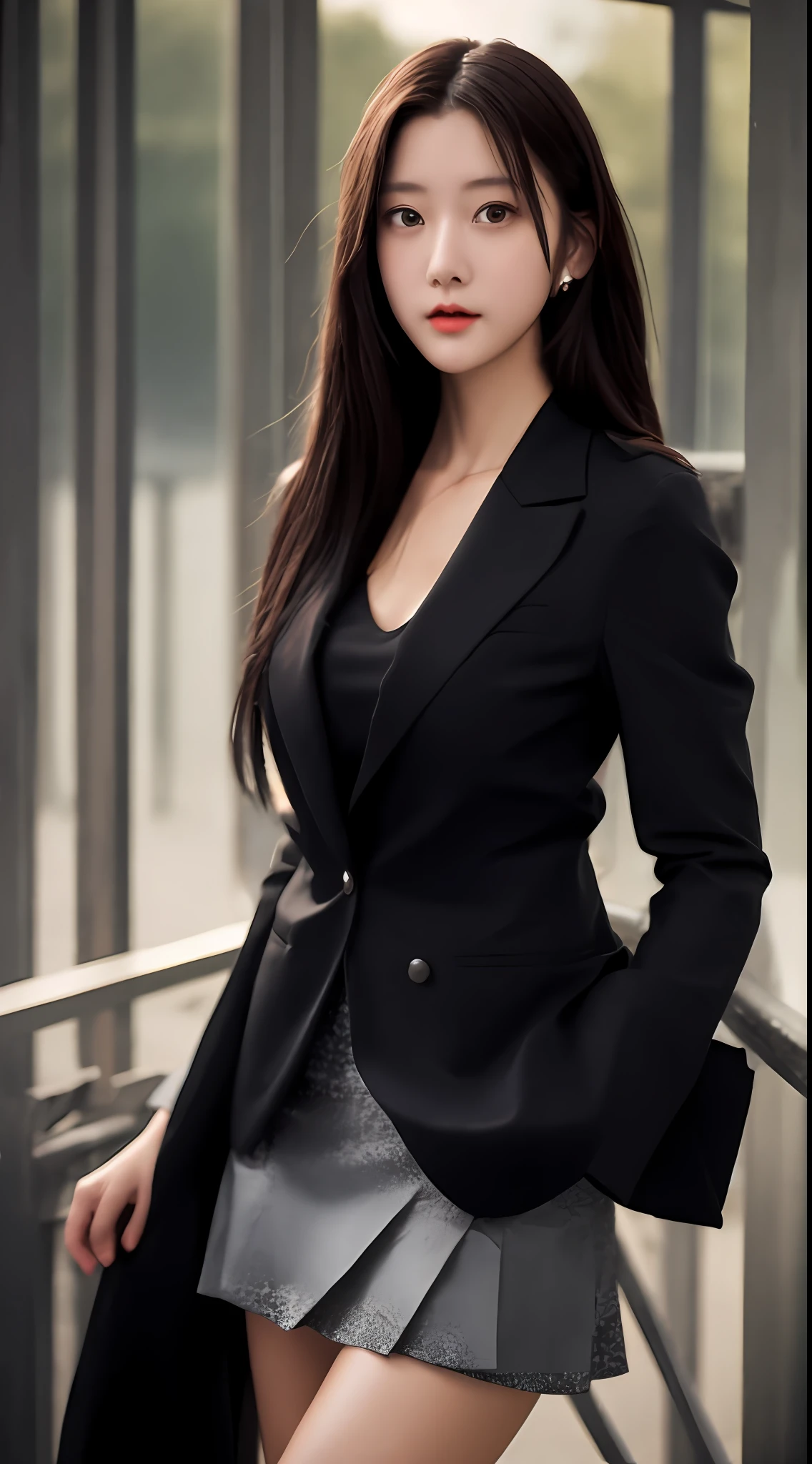 top-quality, ​masterpiece, 1girl in, Kawaii face, (photographrealistic:1.3), Rim lighting, (High Detail Skins:1.2), 8KUHD, Digital SLR, hightquality, hight resolution, 4K, 8K, bokeh dof, absurderes, best ratio four finger and one thumb, (realisitic:1.3), pretty 1girl, Wearing a black formal blazer, middlebreasts, a short skirt,japanes,