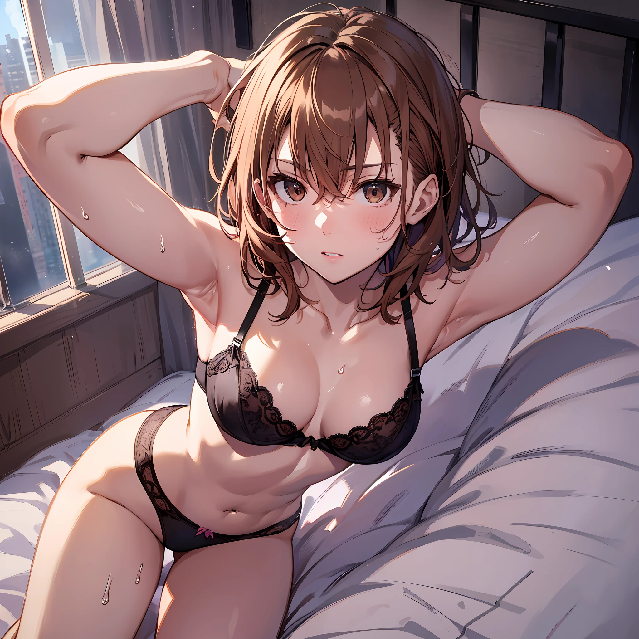 ４ｋqulity, top-quality, Misaka_mikoto, Brown-eyed, Short_hair, Small_Breast,）on the beds　Pink lingerie　１６age　sexypose　Bewitching　Mass sweat　soaked body　Miwaki　beauty legs　Beautiful abs　Ahe-face　Love