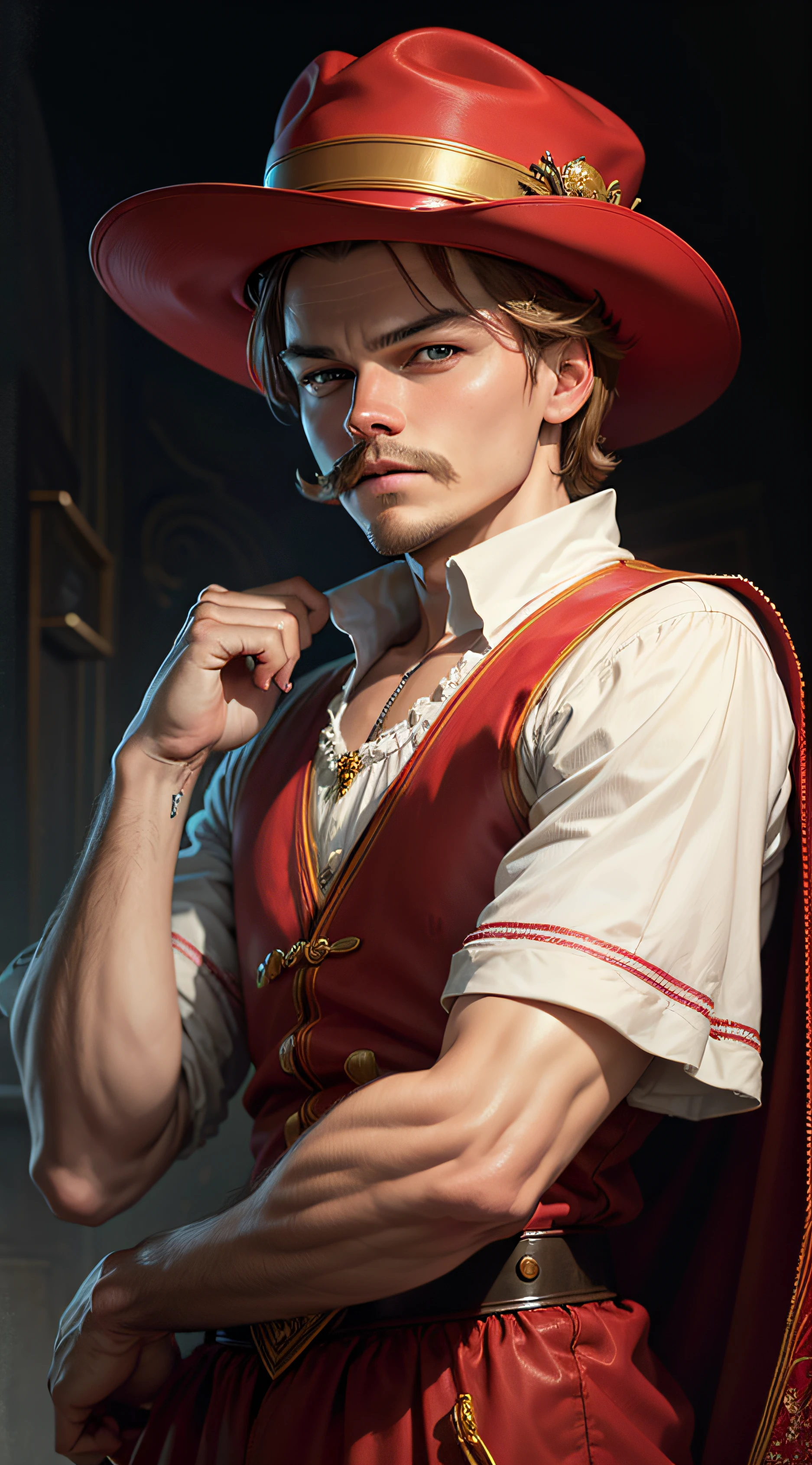 Leonardo Di Caprio retrato de Leonardo Di Caprio como Mario Bros, red hat, mustache, particuls, foco ocular, cena brilhante --auto
