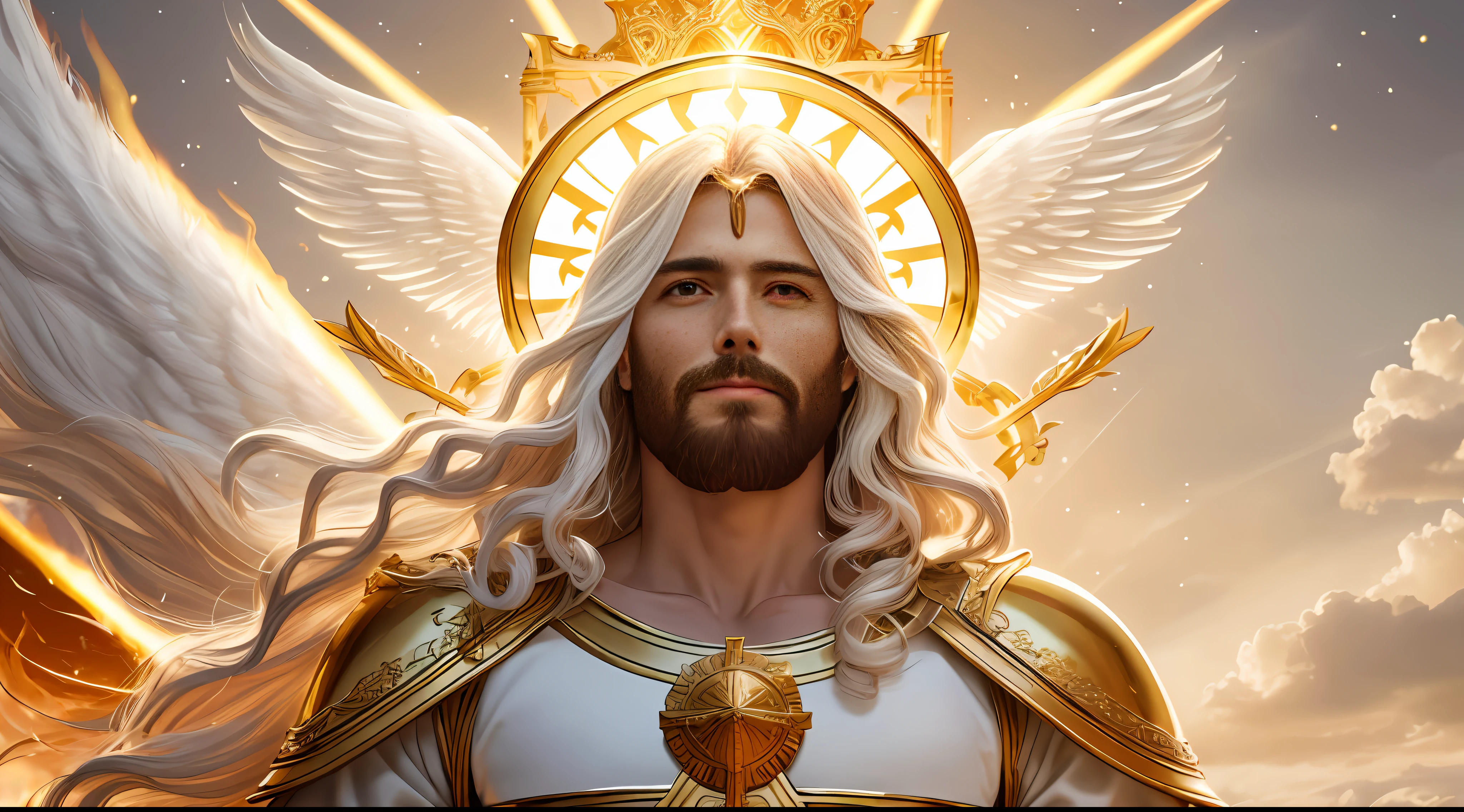 Jesus second coming in the heavens, face like the midday sun, crown, a tunic and a golden breastplate, hair as white as snow, eyes as flames of fire, feet as refined bronze in the furnace, light smile, Surrealism, backlighting, cinematic lighting, high quality, high details, best quality