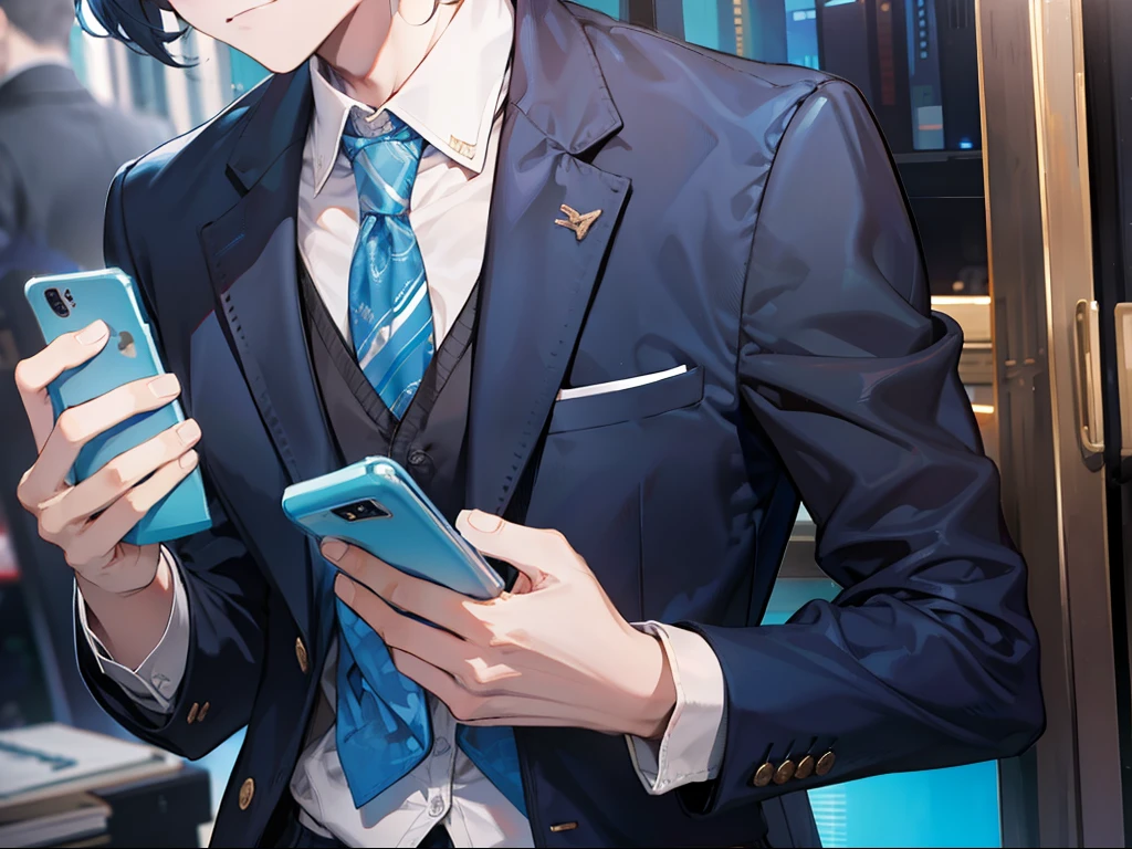 of a guy，Wearing a blue suit，Medium and short hair，Looks sweet and soft，Take the phone in your hand