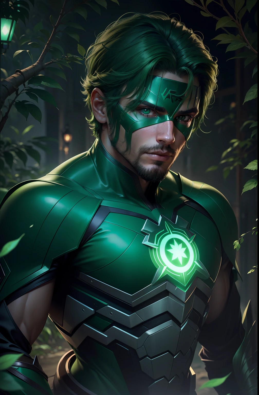 Fotorealista, alta qualidade de imagem, detalhes definidos, Homem jovem e bonito, cabelo verde, traje verde, lanterna verde, Superhero, mascara verde, rosto com imagem definida --auto