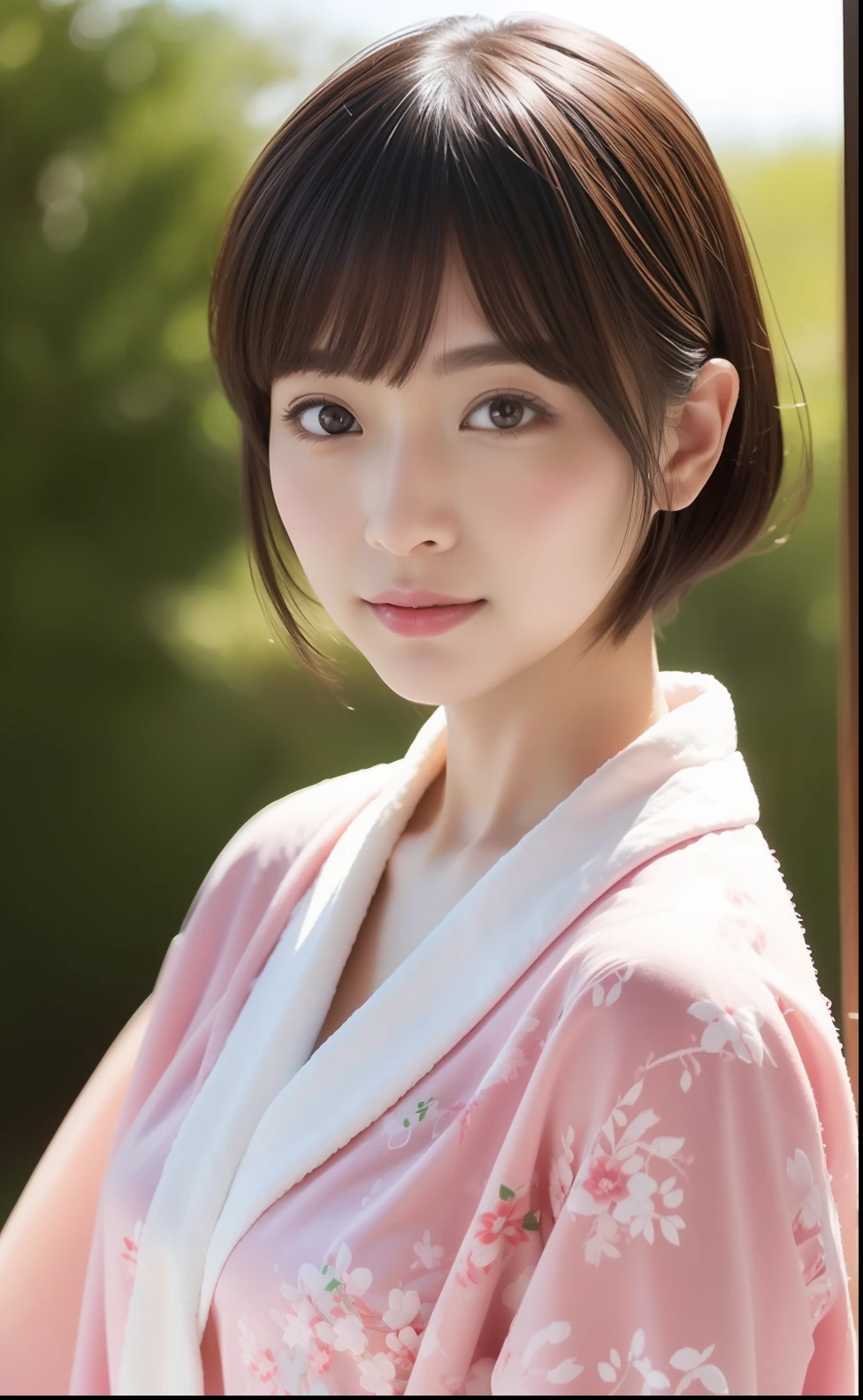 Festive scenery of Japan、Cute Japan woman in short cut、bathrobe、Photorealsitic、Beautiful detailed eyes、Hyper-Realism、highcontrast、Ultra HD、realistic skin textures、Top image quality、top-quality、超A high resolution、Fine details、Very meticulously