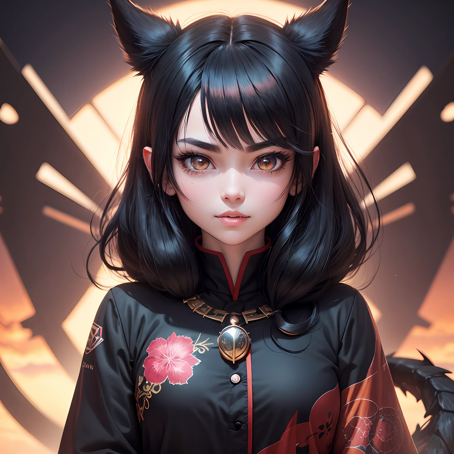 black hair, hair bobbles, wince, longeyelashes, solid circle eyes, fake animal ears, light smile, ear blush, fang, black hair, straight hair, hair flaps, hair ribbon, hair bell, dragon horns, flower on head, mole under eye, heart-shaped pupils, aqua eyes, covering ears, tsundere, pout, Surrealism, drop shadow, anaglyph, stereogram, tachi-e, pov, atmospheric perspective, anime, anime style, depth of field, 8k, super detail, ccurate, best quality, UHD, retina, masterpiece, ccurate, anatomically correct, award winning, high quality, high details, super detail, highres, textured skin, best quality --auto