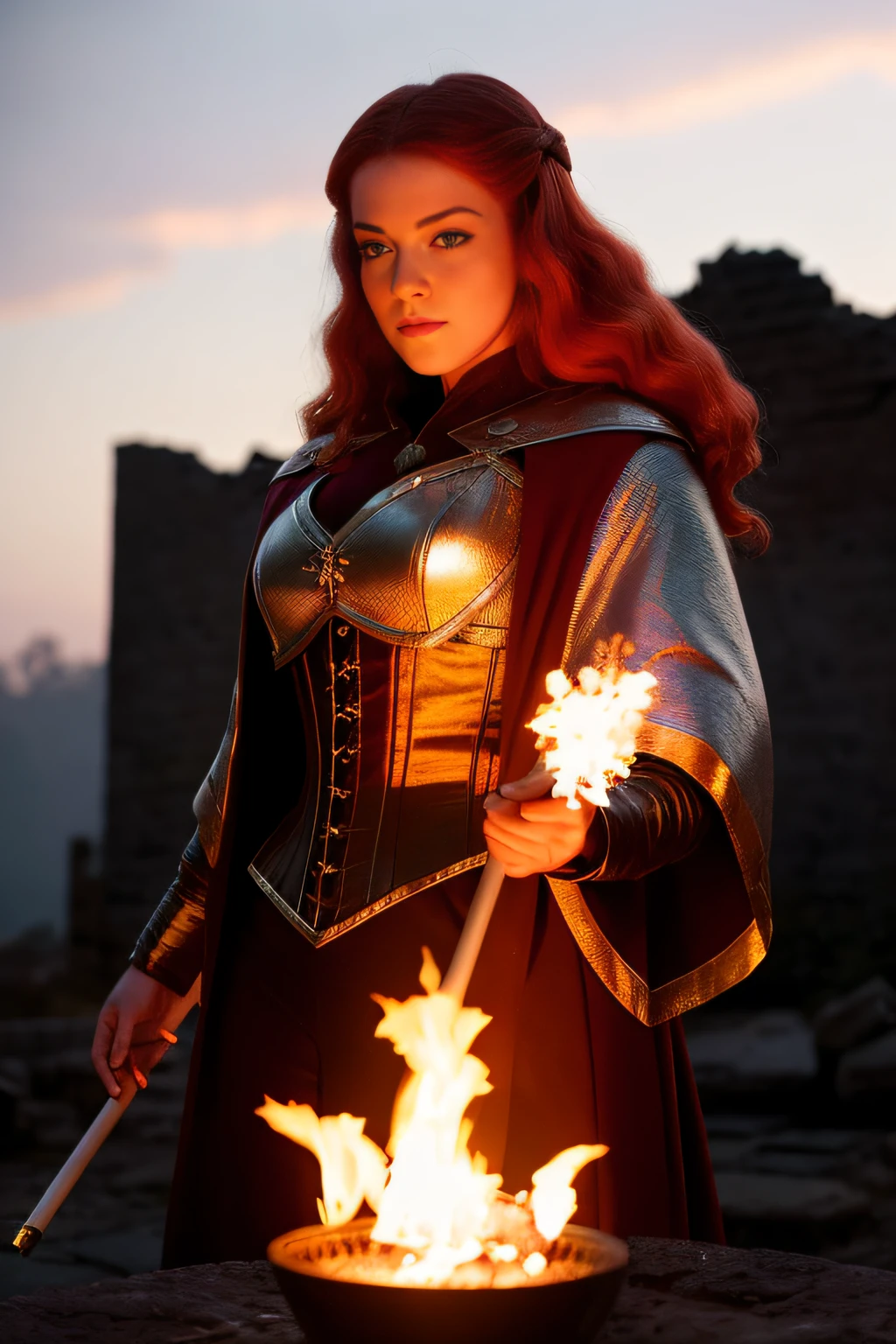 sfw, [fantasy], watercolor illustration, Full Shot, of beautiful fire mage, holding floating fireball in palm, wearing burgundy cape and black corset and leggings, in ashen ruins, toned physique, perfect large round breasts, toned medium ass, perfect limbs, perfect hands, long red hair, (detailed skin, diffused skin pores), ethereal, maximum detail, maximum quality, (bloom:0.5), raytracing, specular lighting, shallow depth of field, smooth, cinematic film still from Dark Souls, [Arcane Fantasy:12]