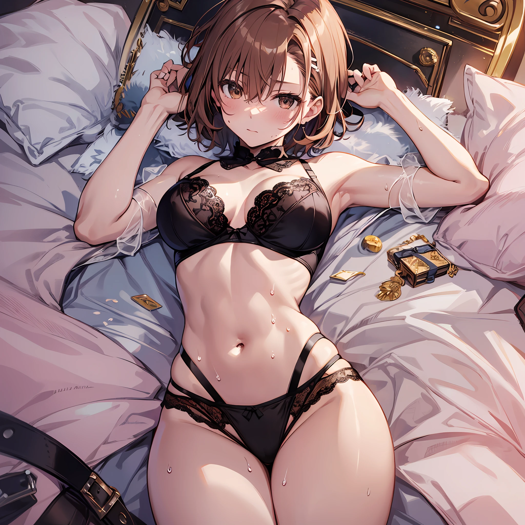 ４ｋqulity, top-quality, Misaka_mikoto, Brown-eyed, Short_hair, Small_Breast,）on the beds　Pink lingerie　１６age　sexypose　Bewitching　Mass sweat　soaked body　Miwaki　beauty legs　Beautiful abs　closing eye　Feeling face　Love