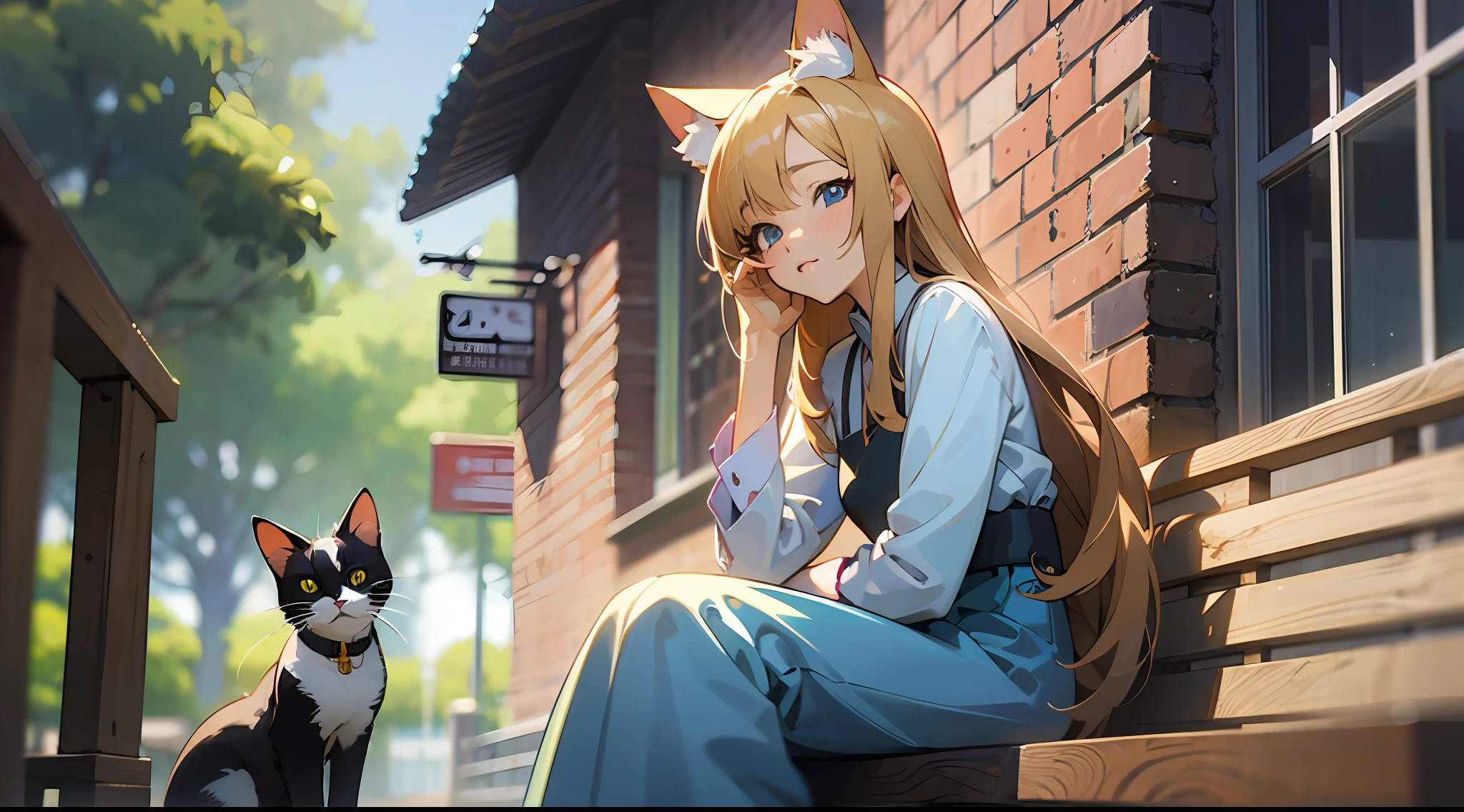 Anime girl sitting on a bench with cat and butterfly、realistic anime cat、Realistic anime art style、Close your right eye、Anime Cats、Beautiful Anime Cat Girl、Realistic anime art style、Styles of anime realism、Anime Cat Girl、Very Beautiful Anime Cat Girl、realistic anime 3 d style、very beautiful cute catgirl、Cute anime cat girl、style of anime