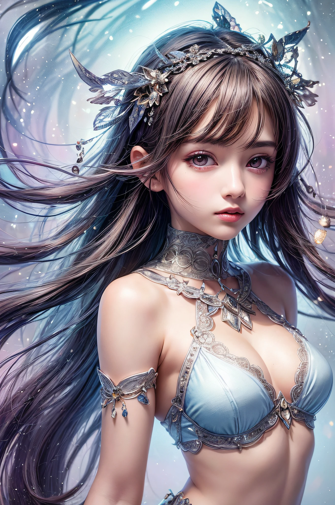 Beautiful girl story wrapped in love, Beautiful eye details, A captivating anime girl gracefully emerges from the pages of a watercolor painting, Her vivid and complex colors are, Bring your artwork to life, (see-through transparent clothes, Transparent costume:1.5), She wears a chest-opening fantasy costume decorated with delicate details,Fascinating worldview, Luminescent elements, Glowing crystals surround her like air, casting a soft, otherworldly glow, The style of watercolor painting is、Imbues the image with a sense of fluidity and delicacy, as if the colors are effortlessly blending and bleeding into one another, Camera shot: medium shot, Soft Focus, luminescent glow Lighting, watercolor brushstrokes, Sophisticated and very delicate anime illustration, unique colors, Portrait of an anime girl, Costume with open chest, Irridescent color, beautiful girl illuminated by seven colors of light,