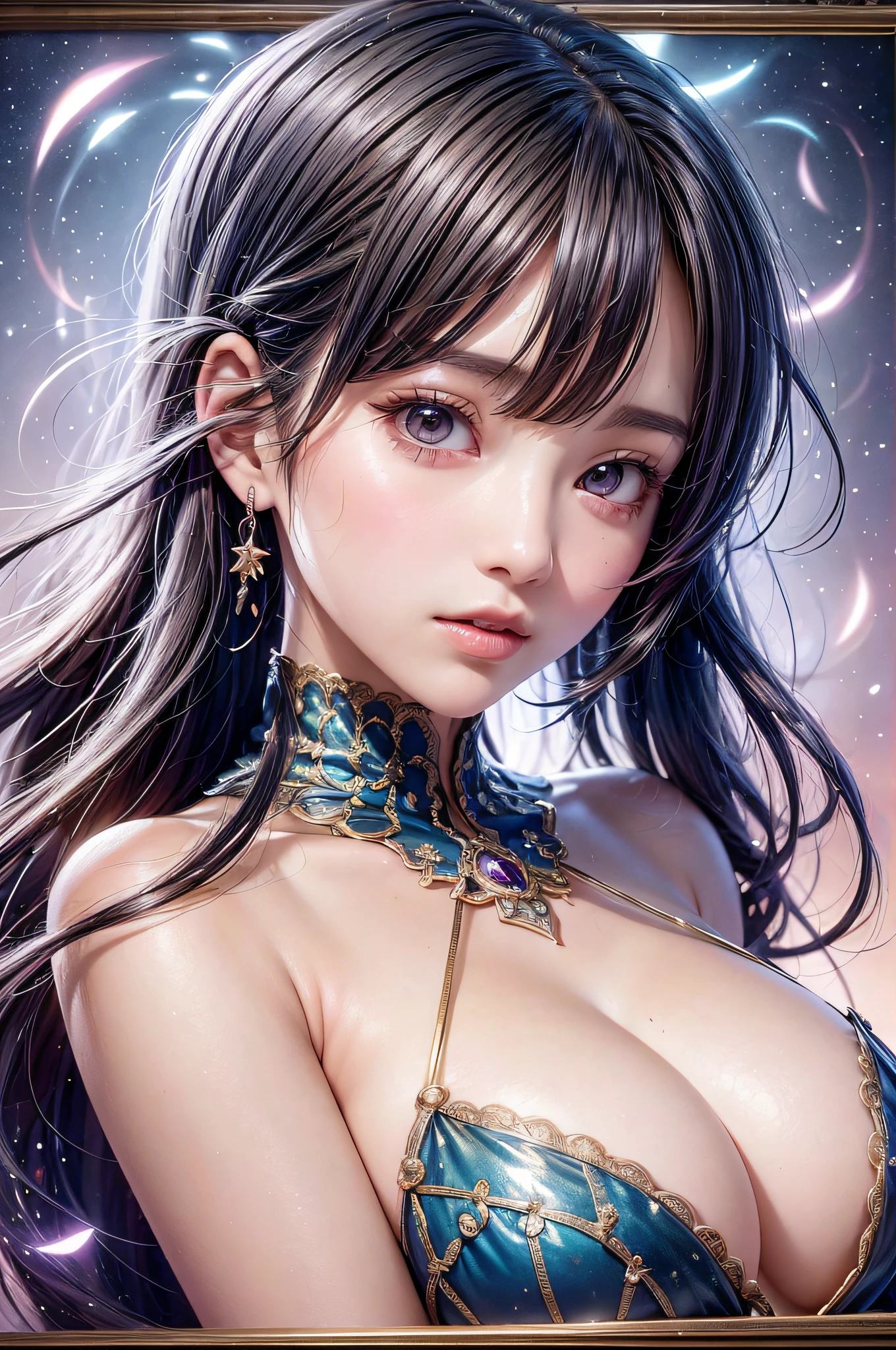 Beautiful girl story wrapped in love, Beautiful eye details, A captivating anime girl gracefully emerges from the pages of a watercolor painting, Her vivid and complex colors are, Bring your artwork to life, (see-through transparent clothes, Transparent costume:1.5), She wears a chest-opening fantasy costume decorated with delicate details,Fascinating worldview, Luminescent elements, Glowing crystals surround her like air, casting a soft, otherworldly glow, The style of watercolor painting is、Imbues the image with a sense of fluidity and delicacy, as if the colors are effortlessly blending and bleeding into one another, Camera shot: medium shot, Soft Focus, luminescent glow Lighting, watercolor brushstrokes, Sophisticated and very delicate anime illustration, unique colors, Portrait of an anime girl, Costume with open chest, Irridescent color, beautiful girl illuminated by seven colors of light,