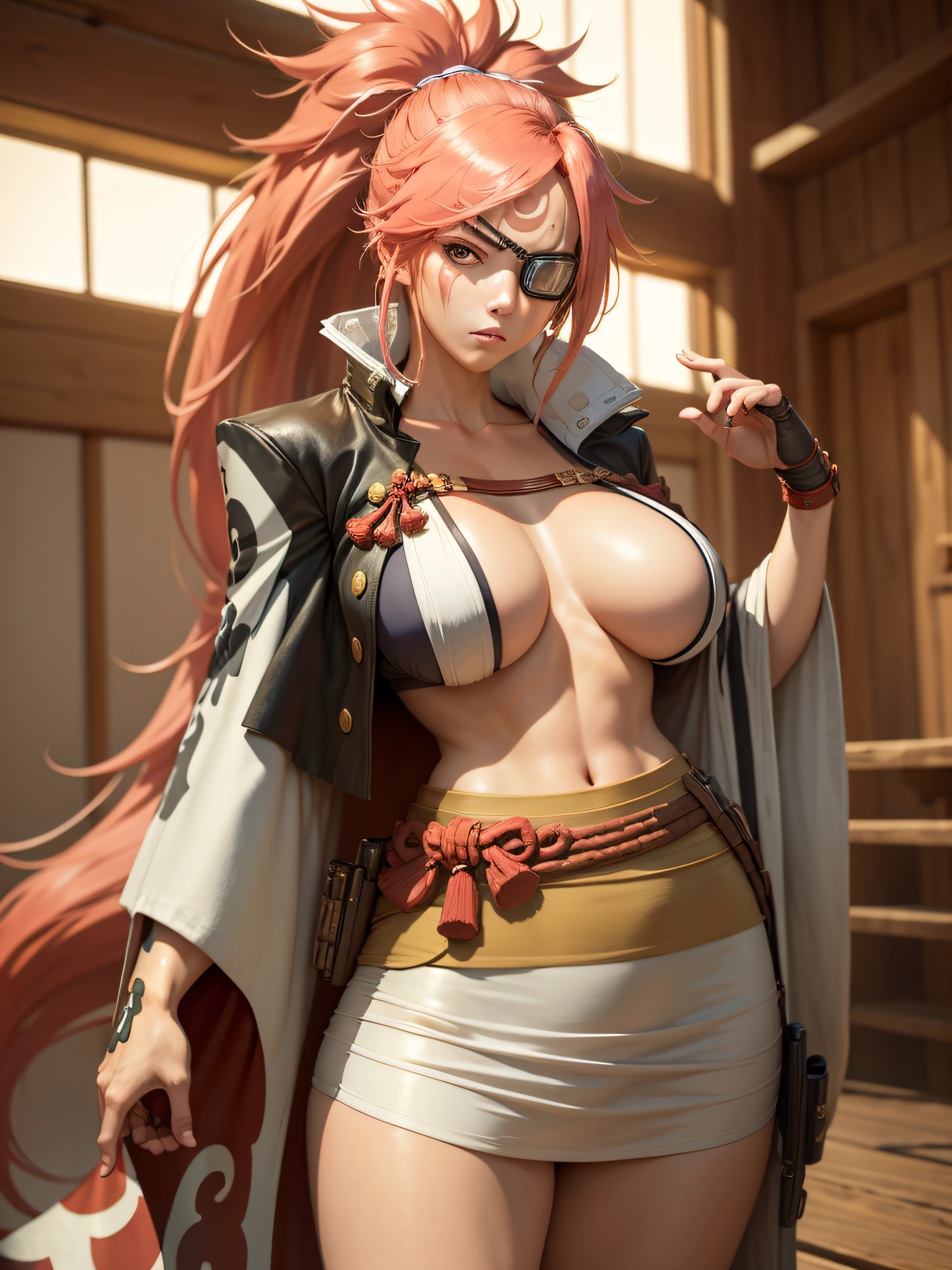 (masterpiece, best quality:1.2), cowboy shot, solo, 1girl, baiken, amputee, serious, closed mouth, looking at viewer, ponytail, eyepatch, multicolored clothes, open clothes, japanese clothes, kimono, large breasts