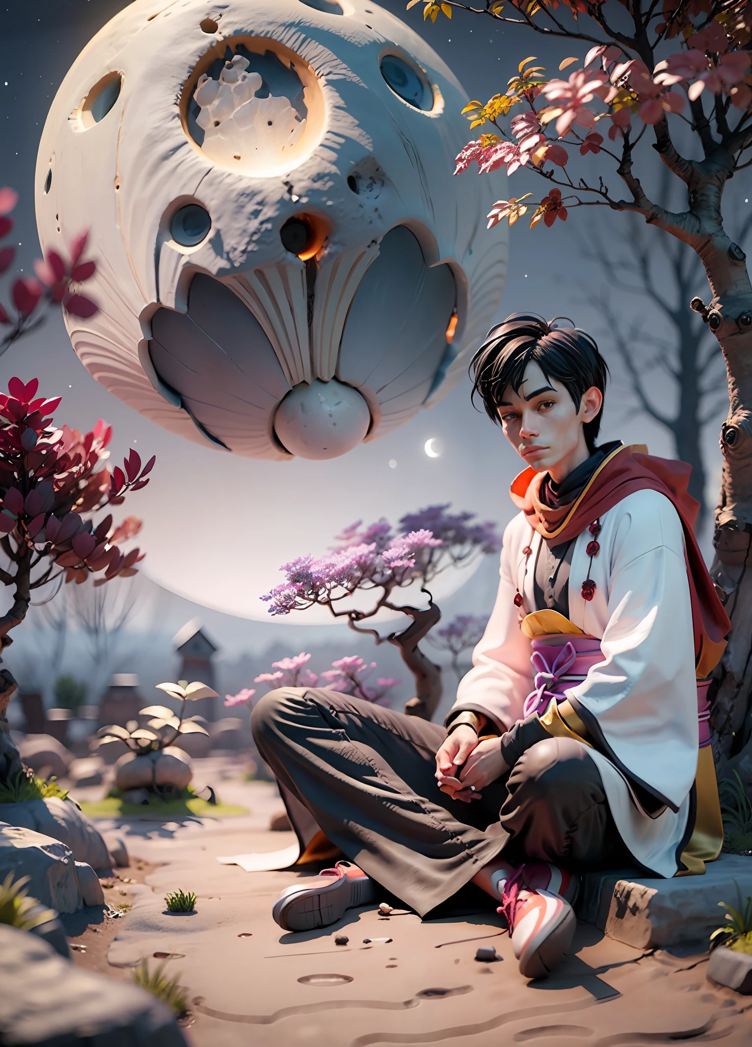 Character, Henry ford, A skinny young man in a Zen clothing, sitting on the earth,  background is Japanese kukama garden，no hair, bareheaded，Very bright eyes, Lighting details, Anime style with defining strokes, Dark background with moon blue light, 8K, hyper HD, severe low lighting, High quality, Sharp focus, Fujifilm XT3