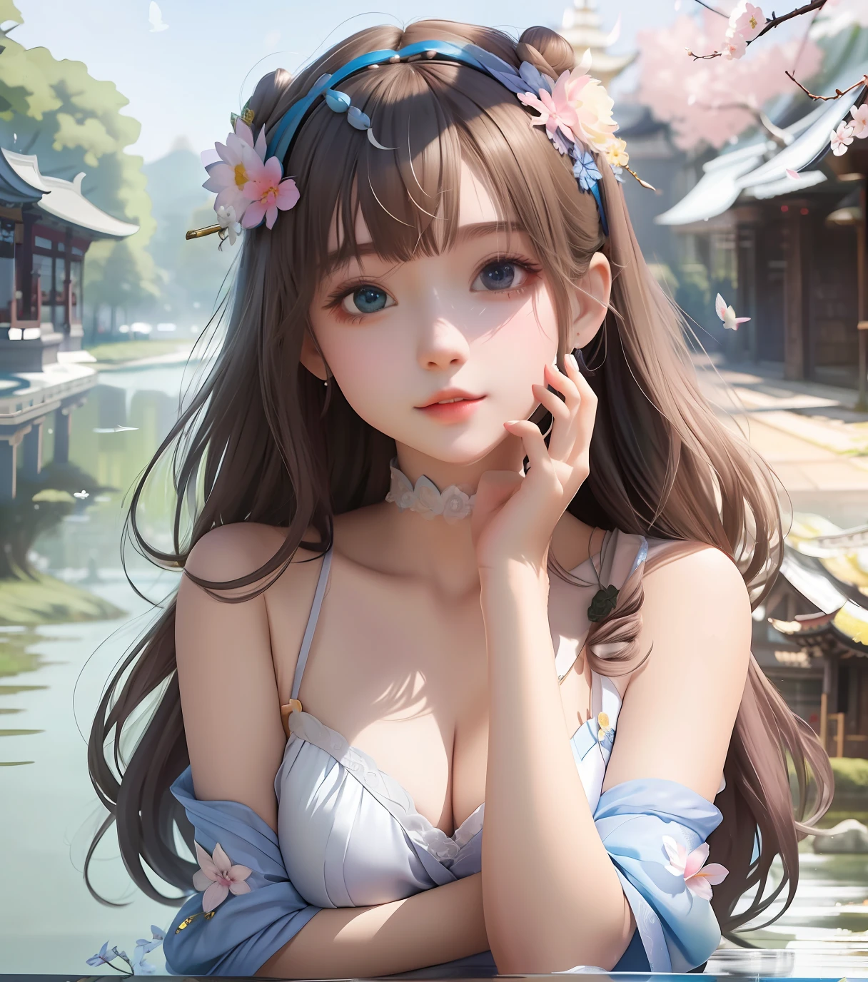 mulher araffe em um vestido branco e uma flor rosa em seu cabelo, Cidade chinesa sonhadora, ancient city streets behind her, palace ， Uma  em Hanfu, Estilo anime misturado com Fujifilm, Arte no estilo de Guweiz, Guweiz, Menina na vida real, fotografia de fantasia, Inspirado em Quioto, em uma cidade medieval --auto