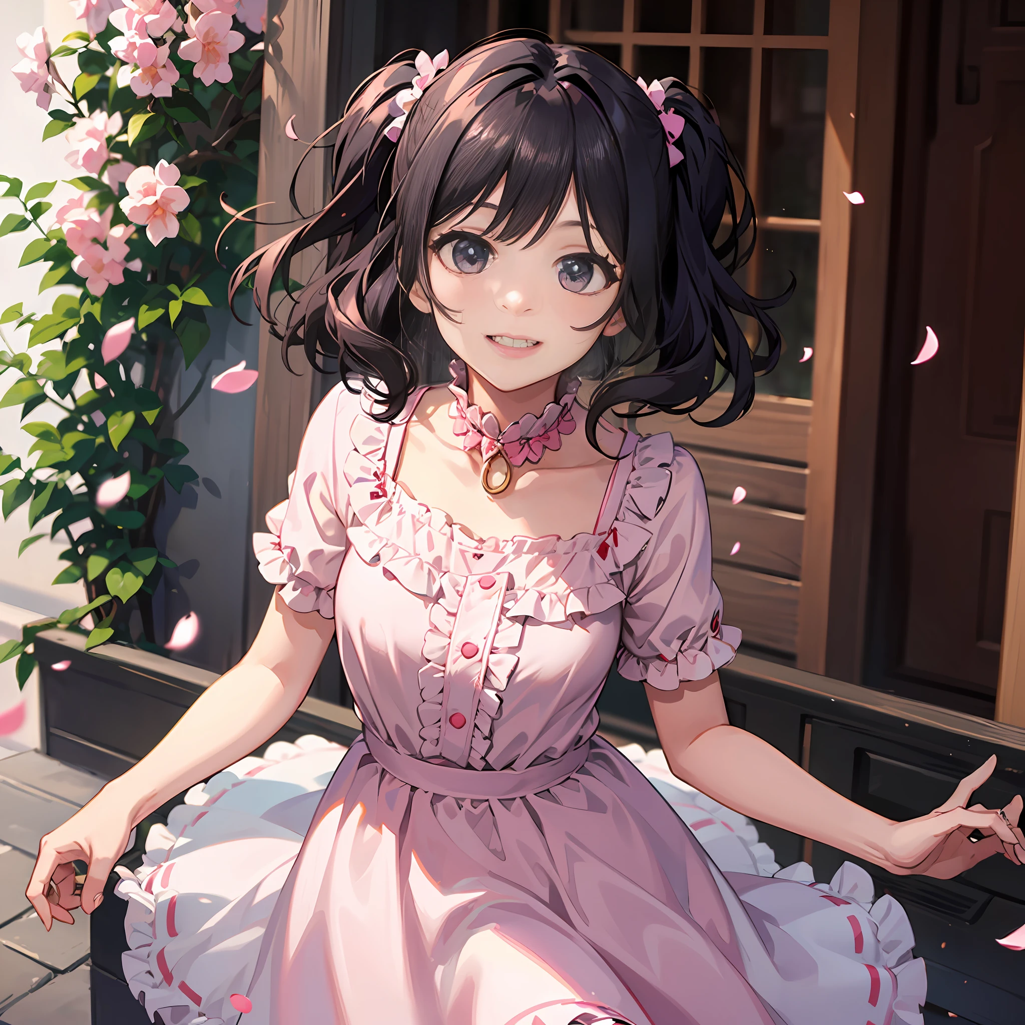 Pink Short Sleeve Long Dress Ruffles 4K Beauty Short Bob Hair Blowing Wind Active Pose Amazing Angle Smile Twin Tails Hair Black Hair Real Fine Details