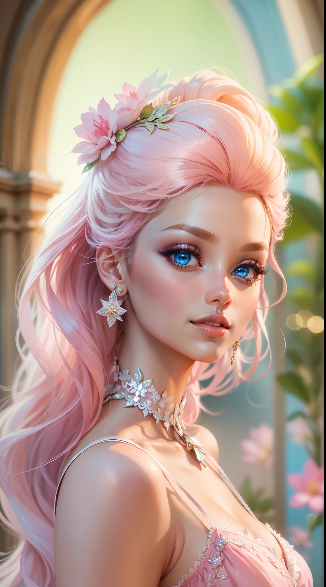 "A vibrant and glamorous Barbie doll portrait with impeccable details, capturing her elegance and charm in a high-resolution CG artwork. Radiant and flawless, the doll features a stylish outfit, stunning blue eyes, and perfectly styled (blonde hair:1.2+pink hair:1.1). The soft lighting accentuates her beauty, while a hint of sparkle adds a touch of magic. Set against a dreamy background filled with pastel colors and delicate flowers, the composition creates a whimsical and enchanting atmosphere.+"