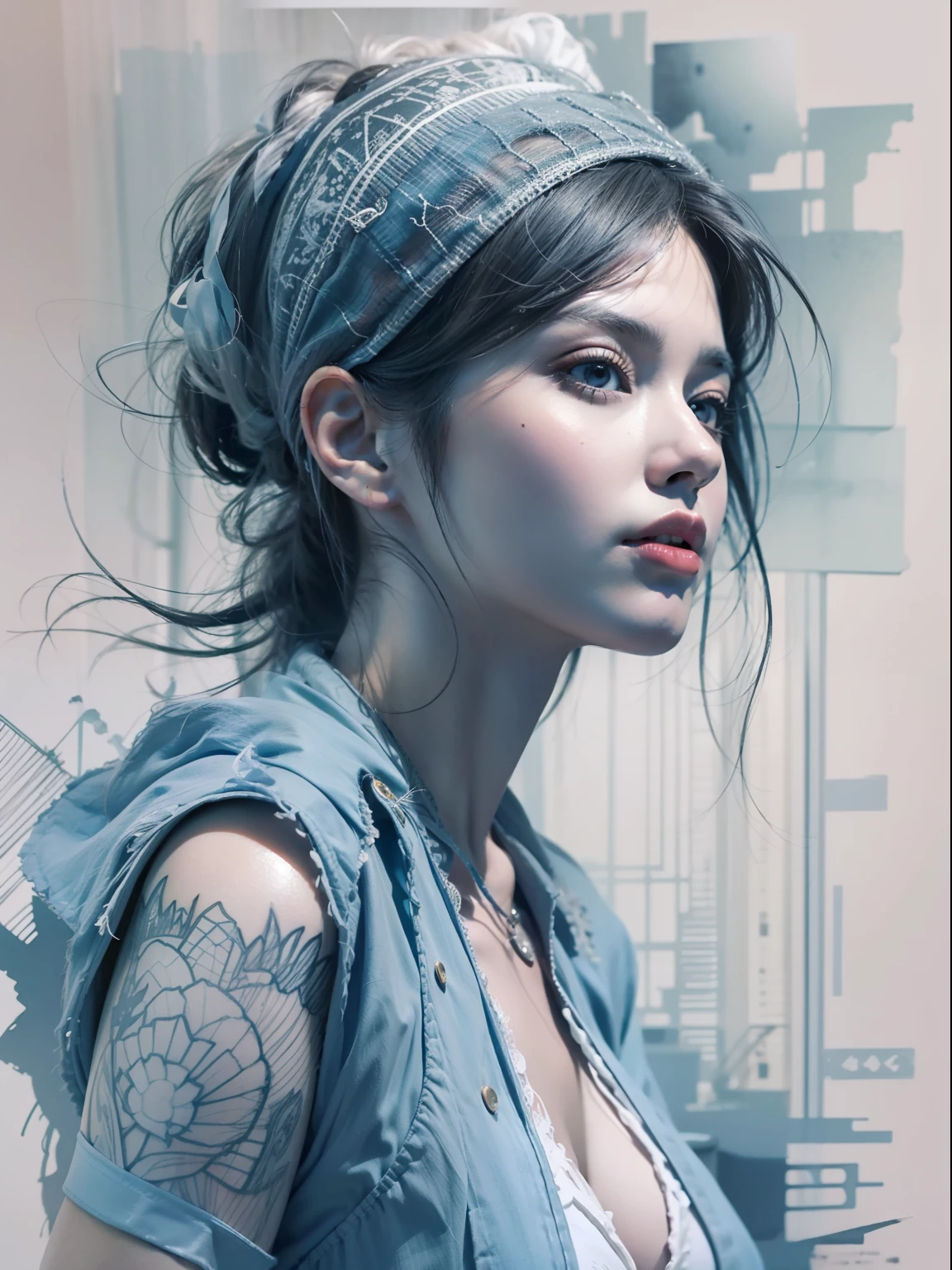 Ink Ballpoint Pen Drawing of Character Latina Woman, Indigo Blue Ballpoint Pen, Sharp Pen Strokes, Captured Half Body, Peter Draws, Digital Illustration, Fine Art Style, Smooth Background, Black and White Contrast, Anatomy Perfect, Centered, Highly Detailed, Watercolor Painting, Art Station, Concept Art, Sharp Soft Focus, Illustration, Art by Carne Griffiths and Wadim Kashin,