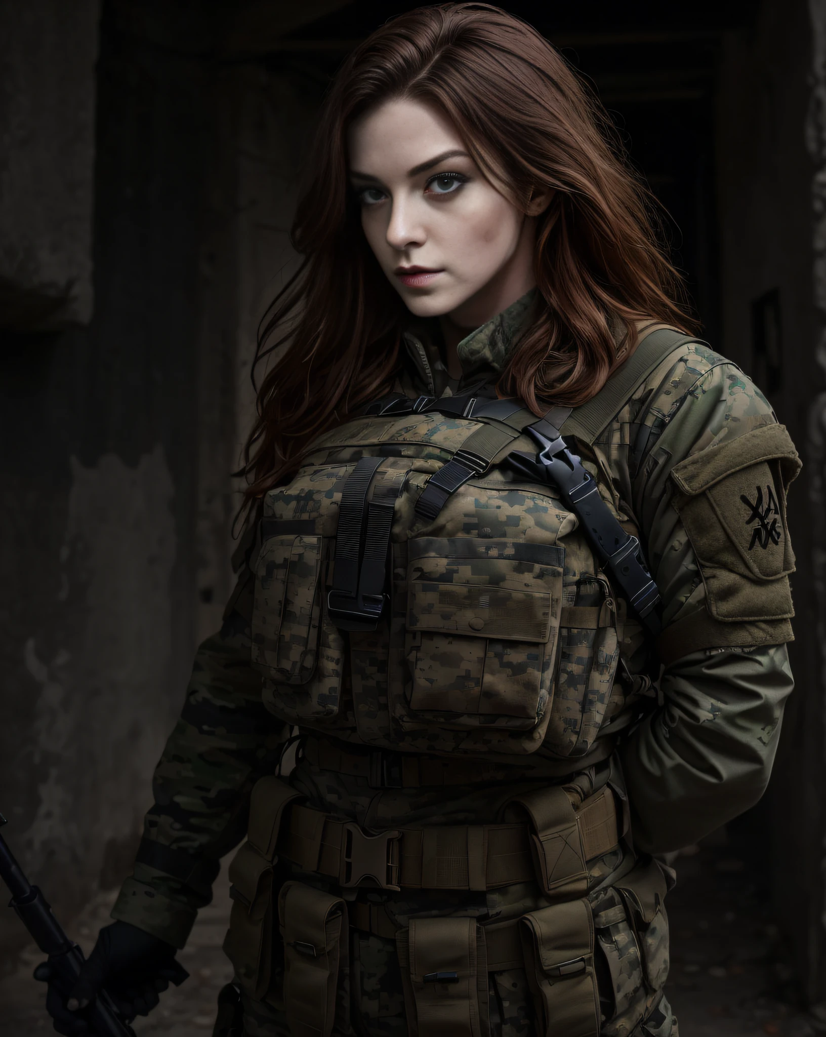 masterpiece, best quality, ultra-detailed, texture, detail eyes, 8k, young irish solider girl with heavy makeup, eye shadow, dark lipstick, heavy makeup, 1girls, (wearing modern military body armor)+, plate carrier, ammo belt, magazine pouch, modern combat fatigues, (long dark red hair)++, blood on face, combat, foreground, middle ground, background, dynamic angle,