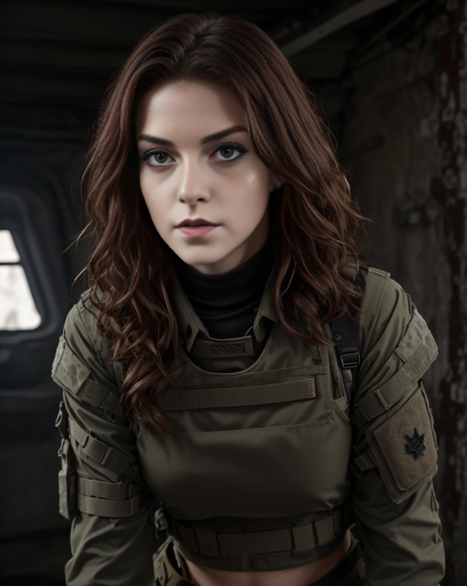 masterpiece, best quality, ultra-detailed, texture, detail eyes, 8k, young irish solider girl with heavy makeup, eye shadow, dark lipstick, heavy makeup, 1girls, (wearing modern military body armor)+, plate carrier, ammo belt, magazine pouch, modern combat fatigues, (long dark red hair)++, blood on face, combat, foreground, middle ground, background, dynamic angle,