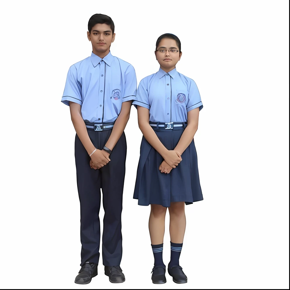 Two people in school uniforms standing next to each other, usando uniformee escolar, Uniforme escolar, menina com camisa rosa, menino com camisa azul usando uniformee escolar, Magic school student uniform, Uniforme JK, uniformee azul, Uniform clear sky, Uniform and simple sky, fotografia de corpo inteiro, uniforme, magic school uniform, full body photgraph, Uniform and simple sky on the back, menina vestindo o uniformee, academic clothing