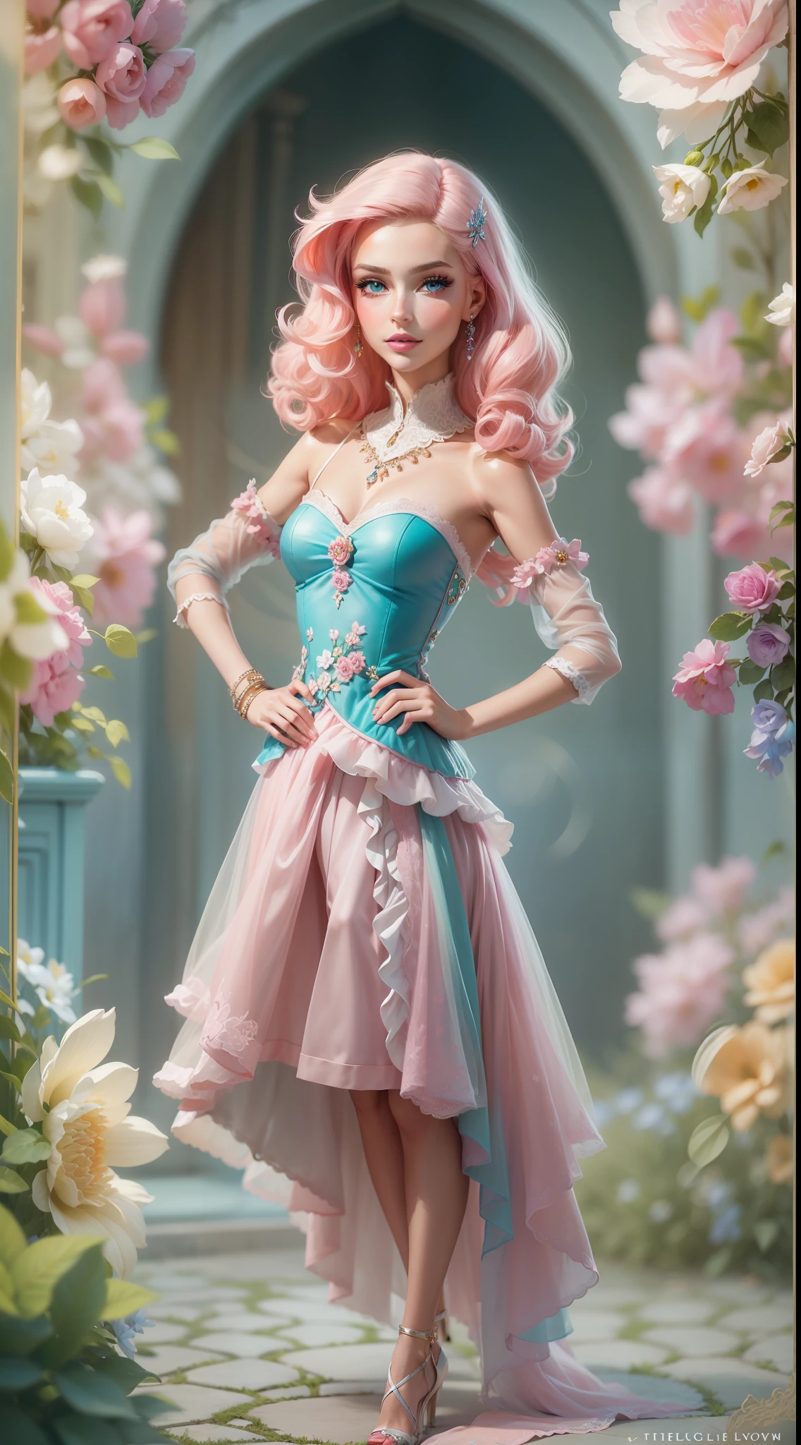 "A vibrant and glamorous Barbie doll portrait with impeccable details, capturing her elegance and charm in a high-resolution CG artwork. Radiant and flawless, the doll features a stylish outfit, stunning blue eyes, and perfectly styled (blonde hair:1.2+pink hair:1.1). The soft lighting accentuates her beauty, while a hint of sparkle adds a touch of magic. Set against a dreamy background filled with pastel colors and delicate flowers, the composition creates a whimsical and enchanting atmosphere.+"