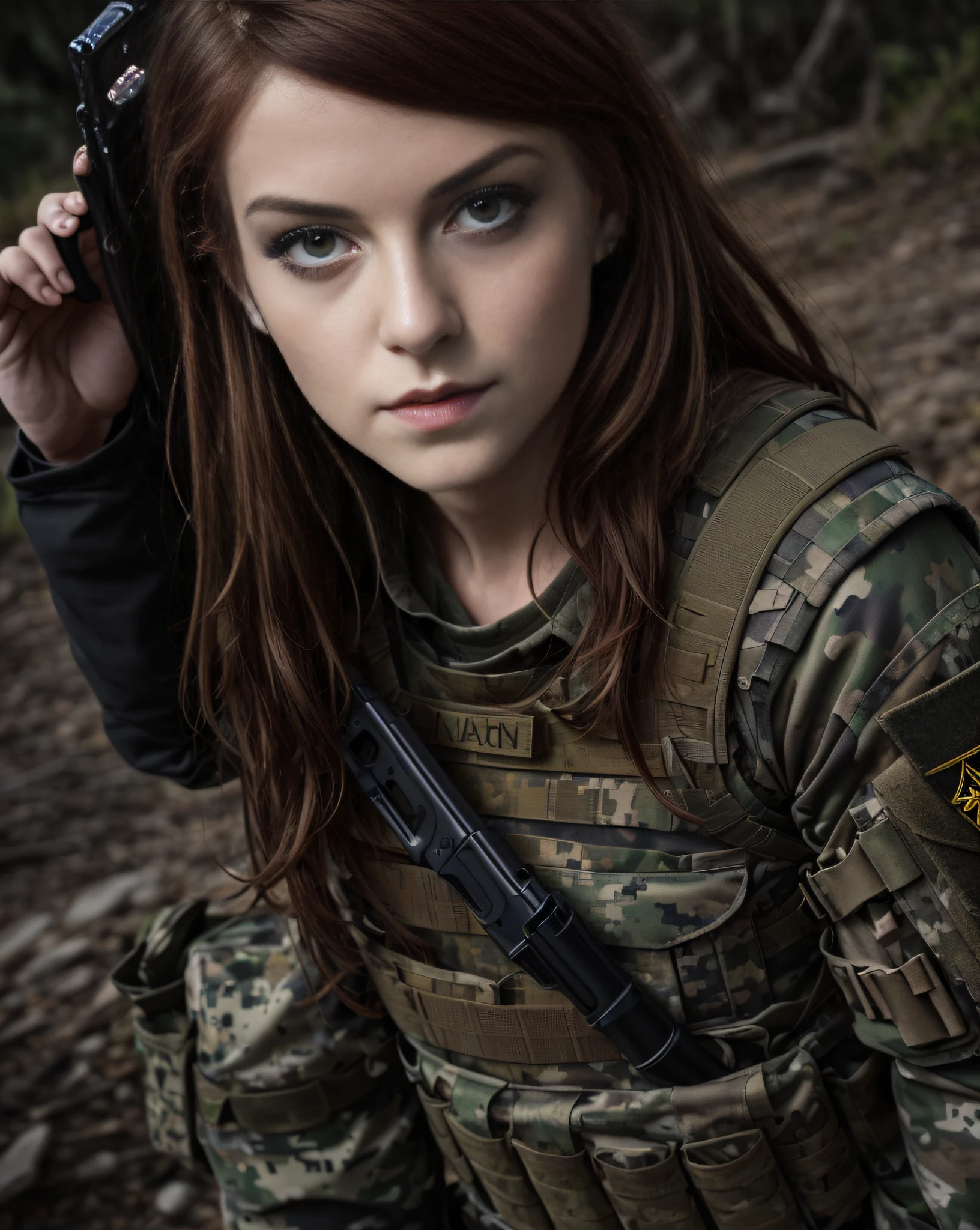 masterpiece, best quality, ultra-detailed, texture, detail eyes, 8k, young irish solider girl with heavy makeup, eye shadow, dark lipstick, heavy makeup, 1girls, (wearing modern military body armor)+, plate carrier, ammo belt, magazine pouch, modern combat fatigues, (long dark red hair)++, blood on face, combat, foreground, middle ground, background, dynamic angle,