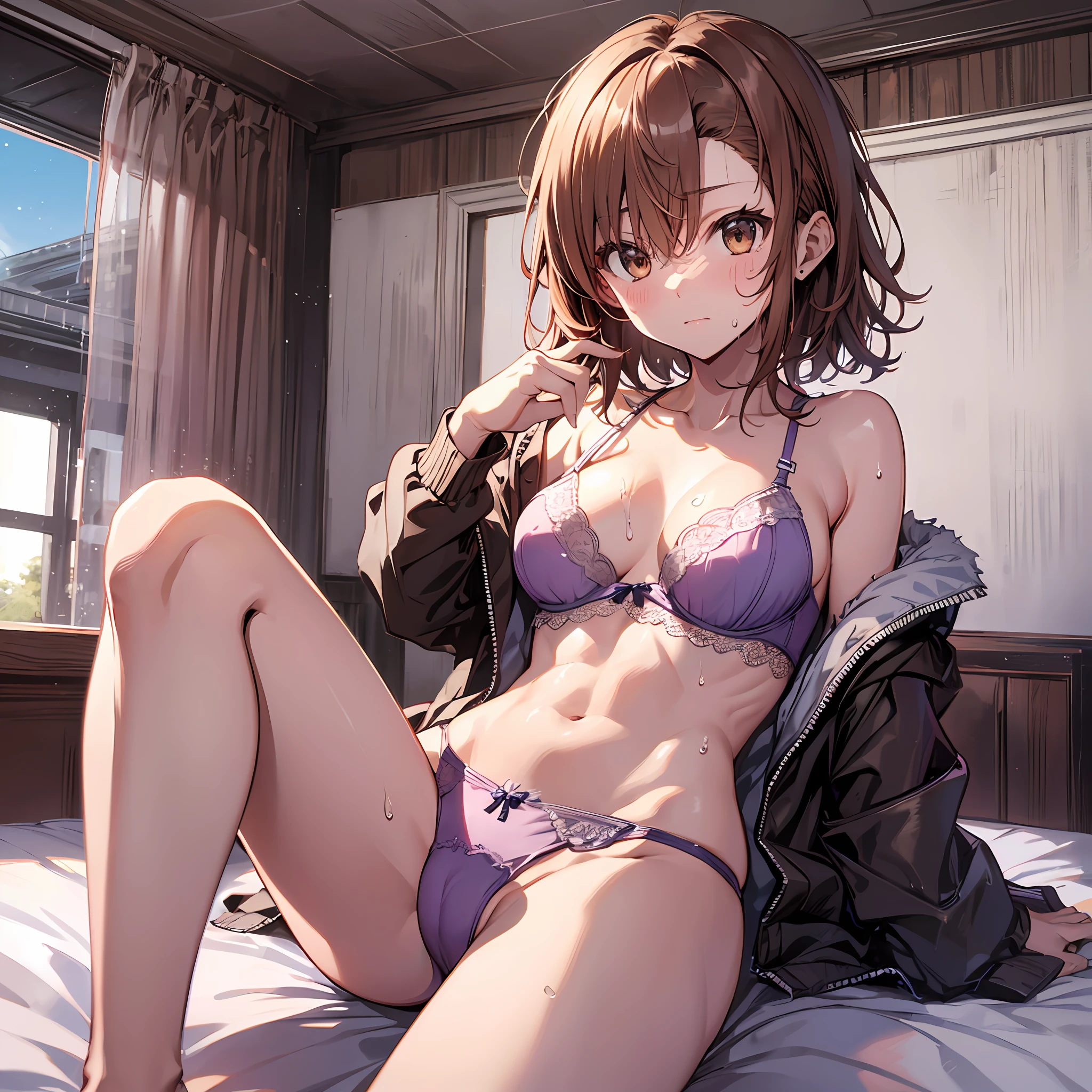 4kqulity, top-quality, Misaka_mikoto, Brown-eyed, Short_hair, Small_Breast,)on the beds Pink lingerie 16age sexypose Bewitching Mass sweat soaked body Miwaki beauty legs Beautiful abs closing eye Feeling face Love Hotel Omorashi